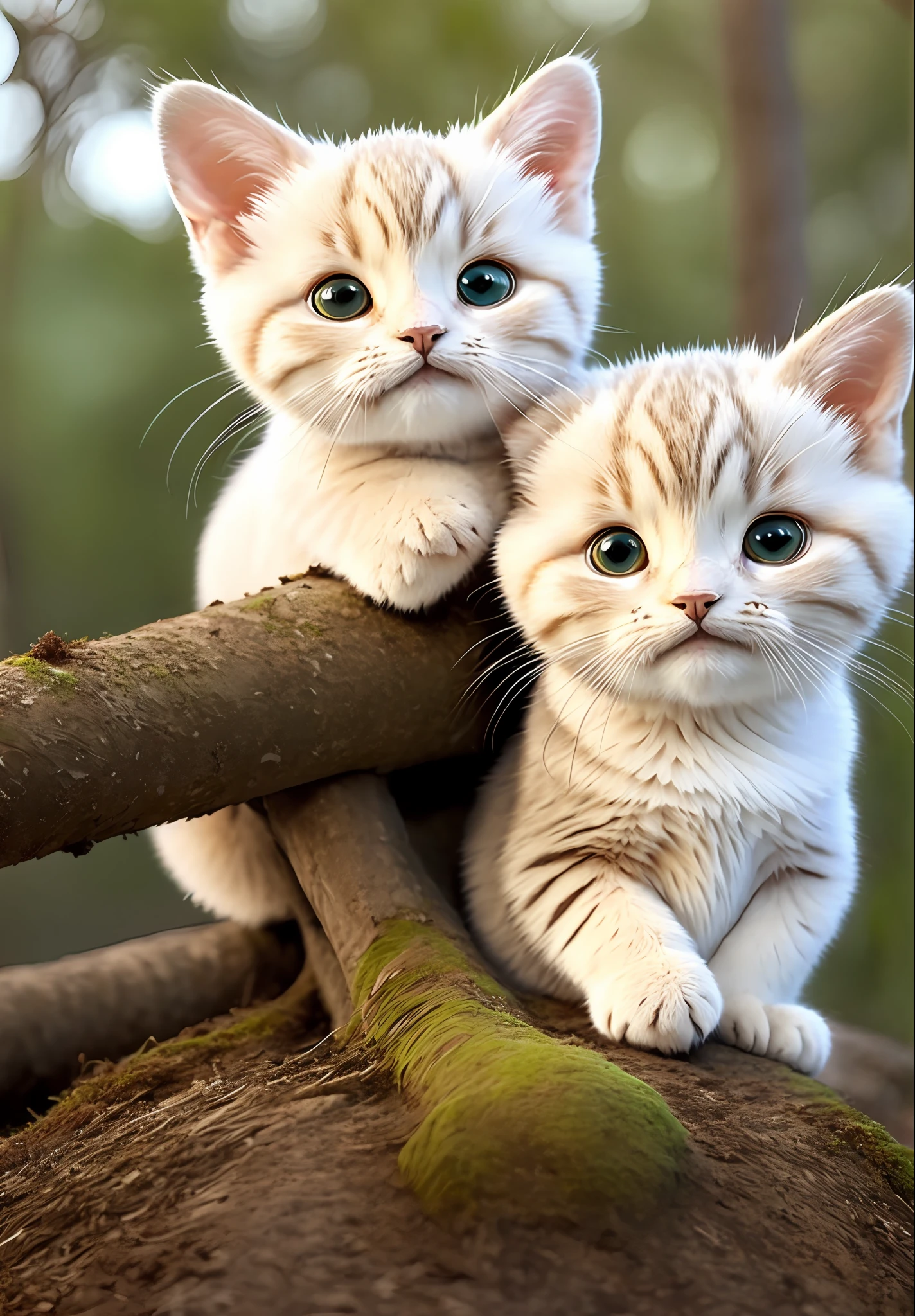 A cute tabby cat sits near the roots of a tree on the side of a mountain