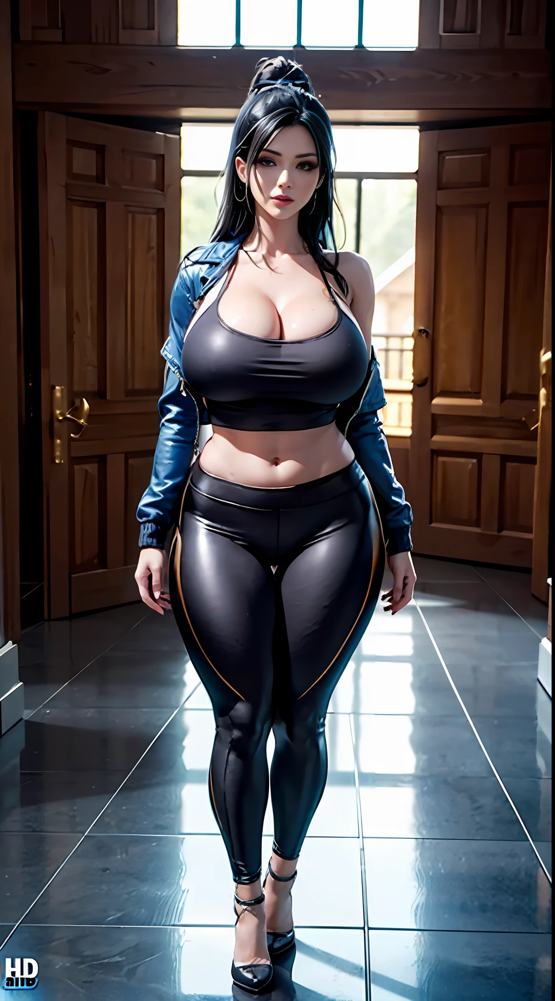 Unreal Engine 5, Realistic Rendering, Excellent, blue jacket, tank top, yoga pants, tight, milf, looking on viewer, 3dcg, cgi, 1girl standing on castle, beautiful face, makeup, (photorealism:1.2), photorealistic, ultrarealistic uhd face, (huge fake breasts:1.4), (gigantic breasts:1.1), (muscle abs), (wide hips), (thick thighs), slim waist, full figure, (big buttock), shiny skin, bokeh, masterpiece, highres, 1080P, UHD, (ahegao), ((she is perfect body)),