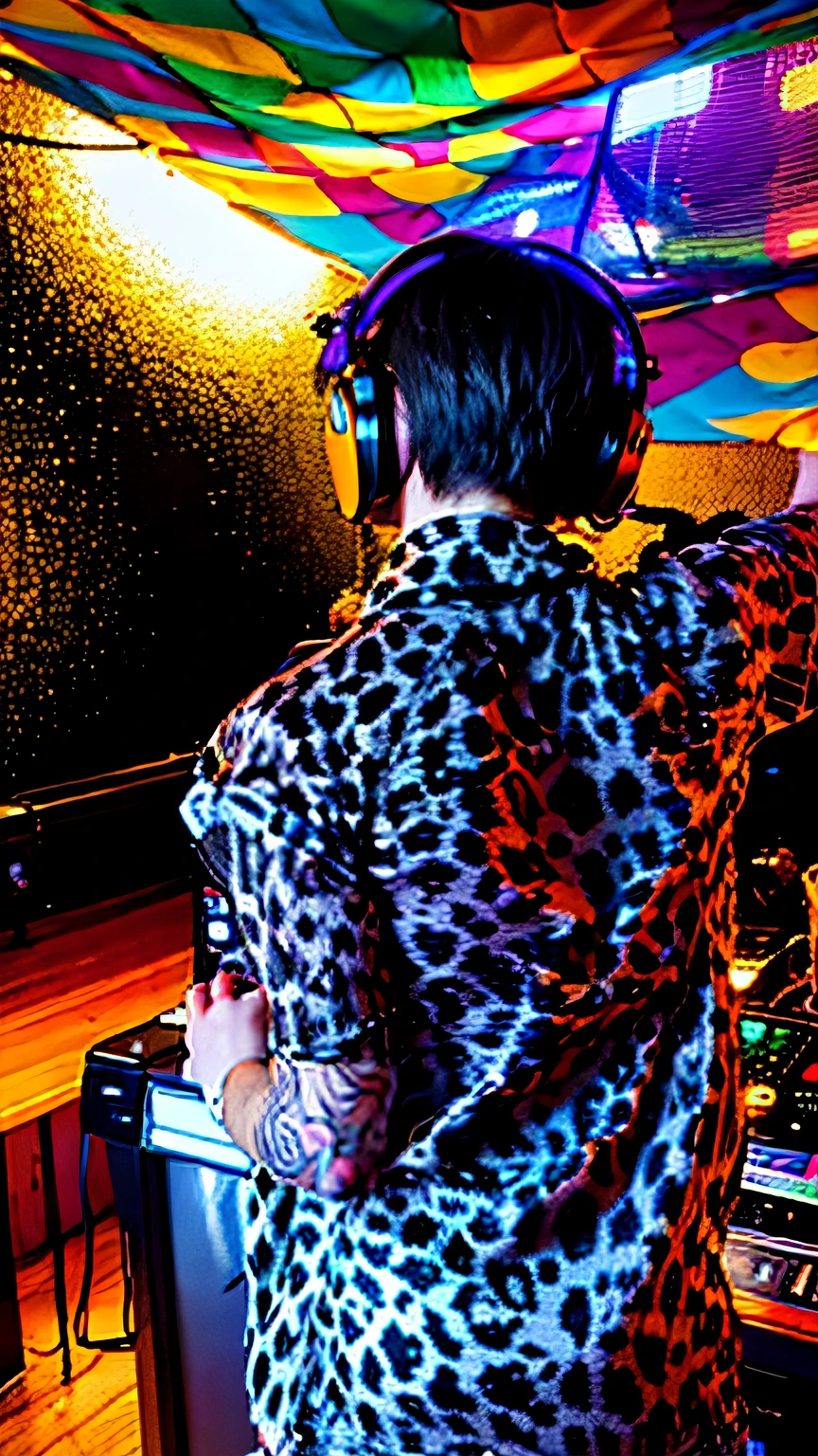 camisa de estampa de leopardo em uma mulher, DJ em uma festa, Turntablism DJ arranhando, Conjunto de DJ, DJING com toca-discos DJ, tomada em 2 0 2 0, tiro pelas costas, fotografia tirada em 2 0 2 0, Michel jaguatirica, Photo taken from behind, amen beats jungle party, DJ Sura, por cima do ombro tiro, tocando techno house music