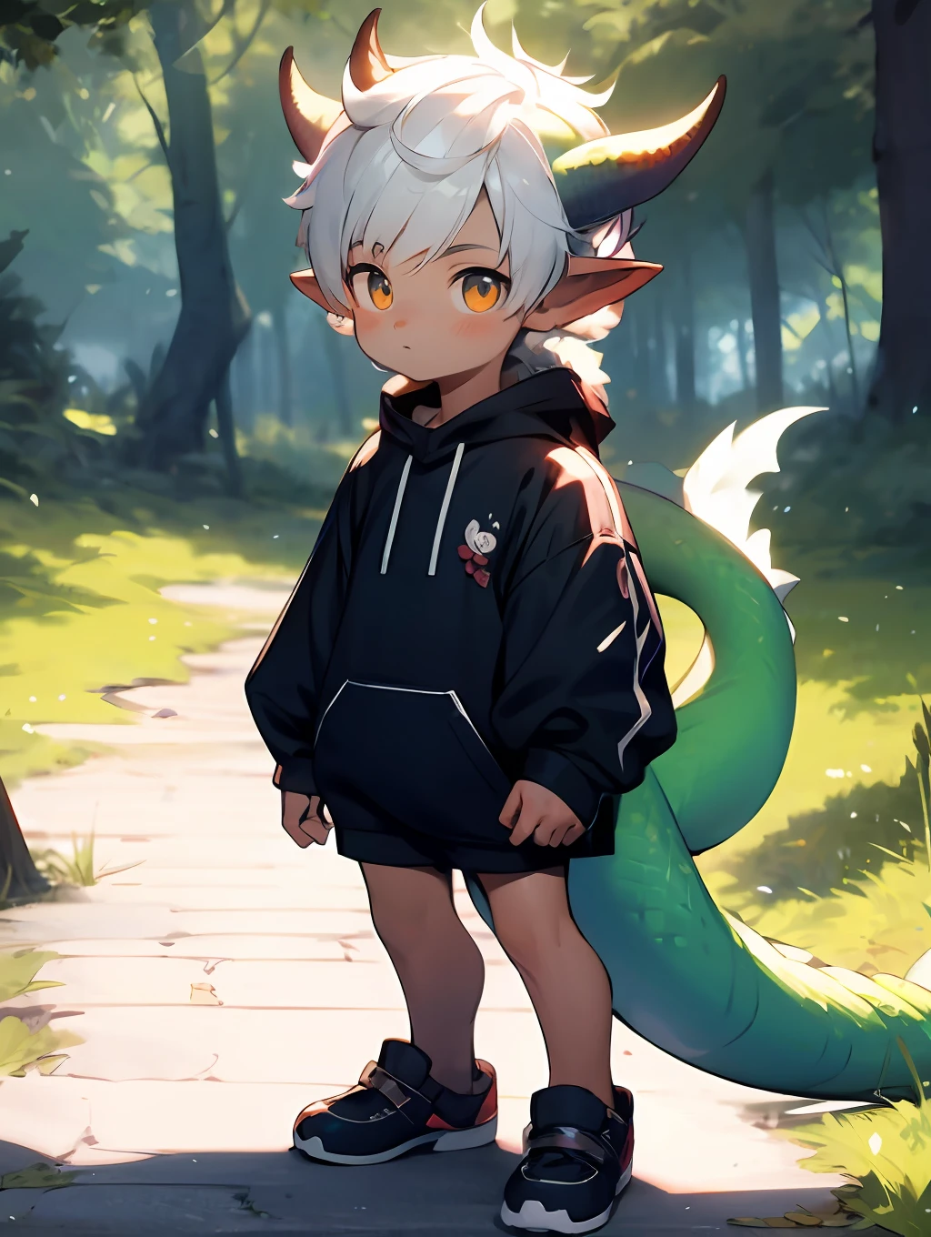 Anime - style image of a  standing on grass in front of the forest, concept art by Shitao, Pisif, Furry art，trending on artstation pixiv, Guviz-style artwork, lalafell, Guviz, Guweiz on ArtStation Pixiv, young male anthro dragon，White fur，White hair，Close-up photos，（Slightly fat）