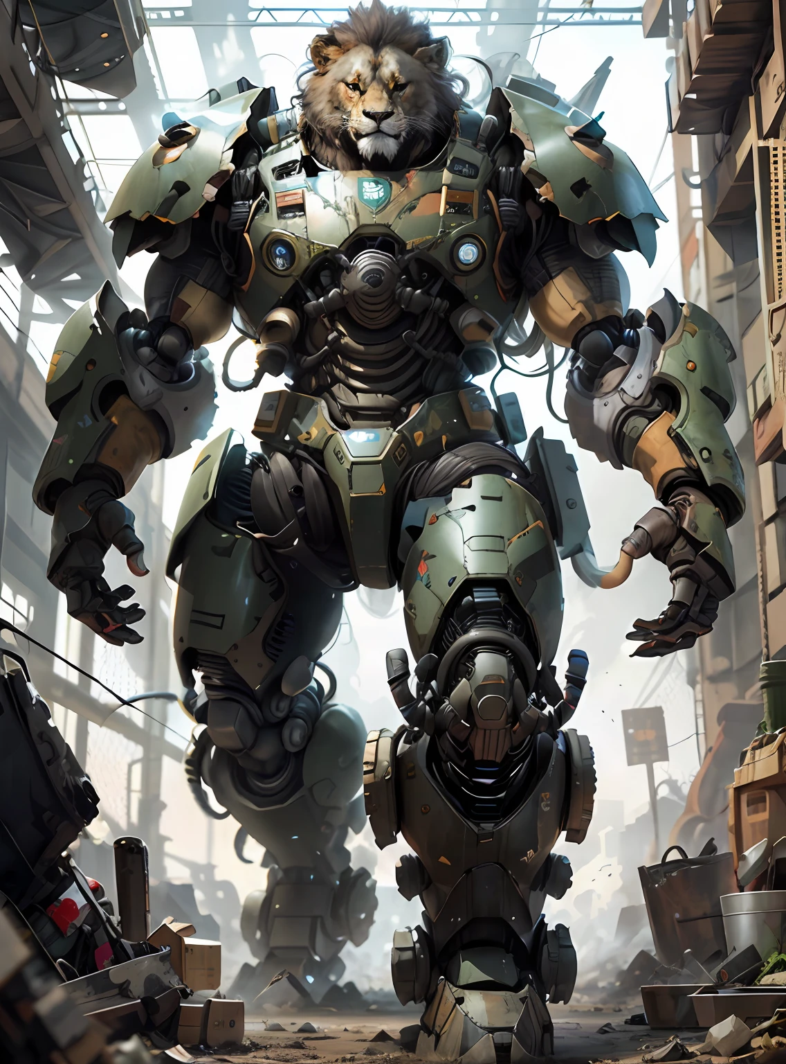 lion face, full robot, mecha, armour