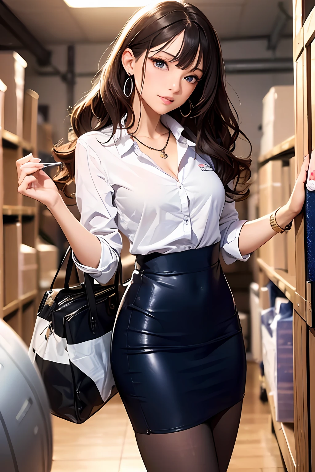 A close up of a woman in a skirt and shirt holding a purse - SeaArt AI