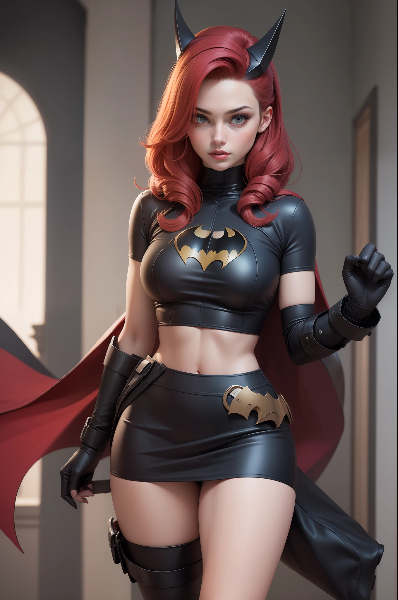 sexy batgirl cabelo vermelho longo e olhos azuis, faixa de cabelo preto, croptop branco, mangas curtas, capa vermelha, blue pencil skirt, botas vermelhas, luvas brancas