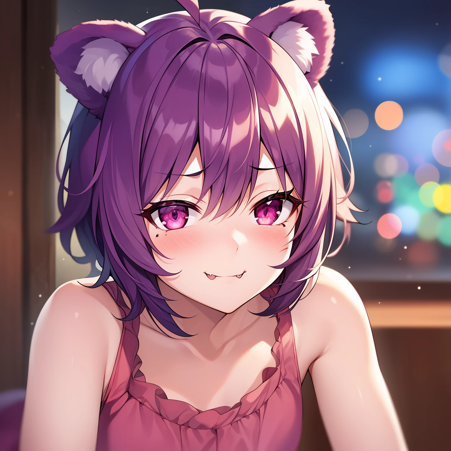 1girl, solo, animal ears, pose, happy, smiling, fangs, purple bear ears, purple hair, looking at viewer, ahoge, bangs, short hair, original character, pink eyes, magenta eyes, red eyes, multicolor eyes, short hair, wavy hair, swept bangs, small breasts, flat chest, bear ears, tired, sleepy, bags under eyes, beauty mark, young, loli, short eyebrows, bar, nighttime, bar background, smug, drunk, laughing, flushed, blushing, smirk, full face blush, doyagao, :3, >:3, red face, >///<, embarassed
