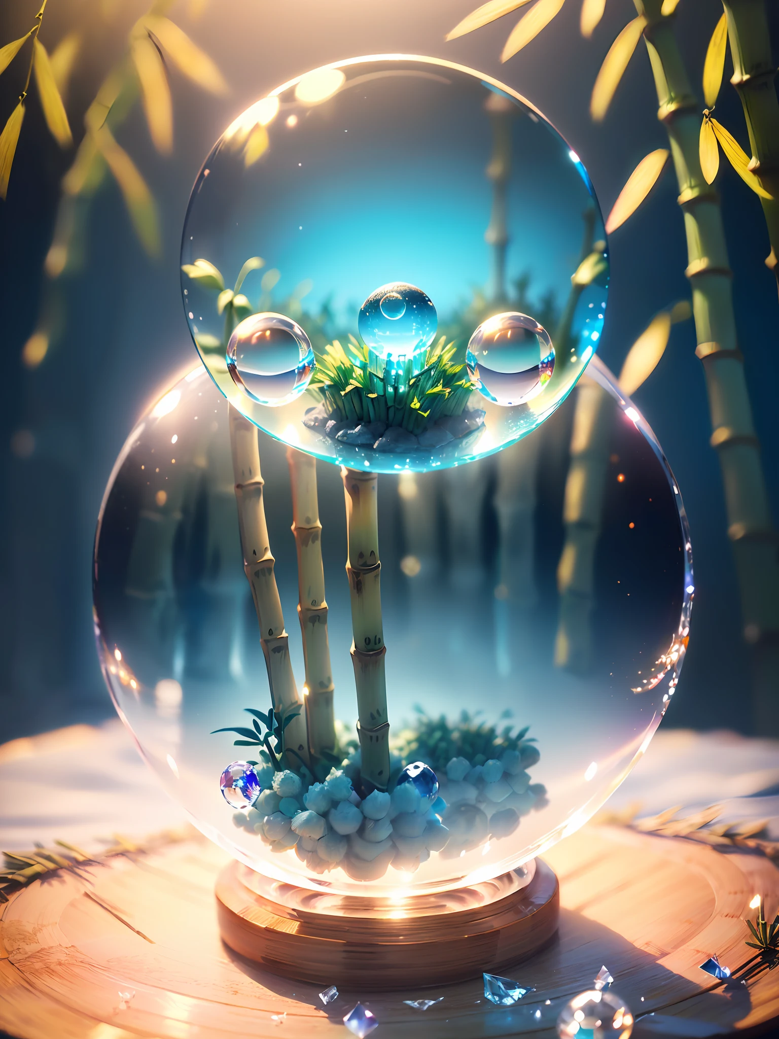 Hyper-realistic、16K High Resolution、(Maximum Sharp Focus:1.3)、(Maximum Close-up:1.5)、(Miniature ultra-delicate bamboo bush trapped in a crystal ball with a pedestal on a table:1.7)、(aqua、blue back light:1.5)、(White fog、Light shining:1.5)