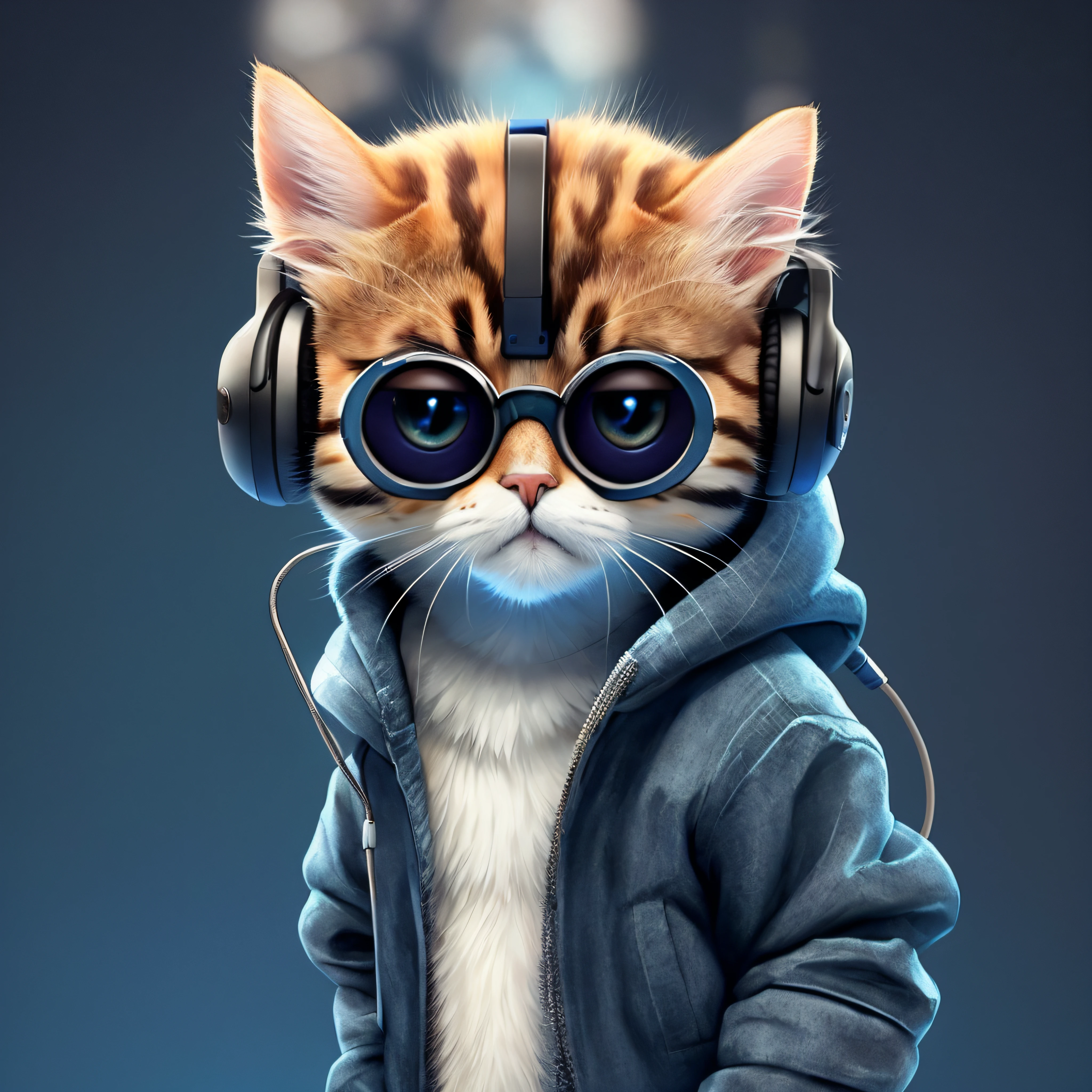 there is a cat wearing headphones and a jacket, olhando heckin legal e elegante, gato cyberpunk, painting digital adorable, usando fones de ouvido de gato, arte digital bonito, papel de parede de alta qualidade, arte digital detalhada bonito, Cybercat, awesome cat, gato anime, artista peludo, peludo do gato, gatinho ciborgue, anthropomorphic cat, arte digital peluda, papel de parede de alta qualidade
