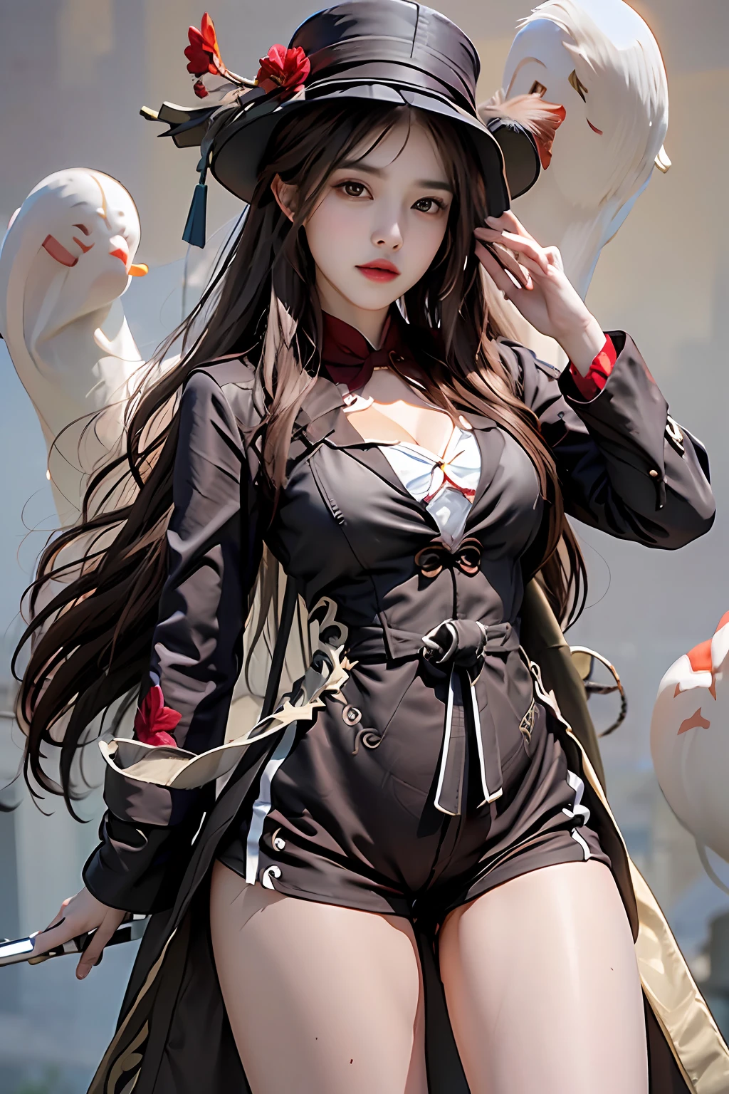 photorealistic, high resolution, 1 girl, hips up, long hair, beautiful eyes,hat_flower, top hat, brown_hair, closed_mouth, hibiscus, red_rose, spider_lily, bangs, brown dress coat, button coat, shorts, thick thighs, hu tao \(genshin impact\