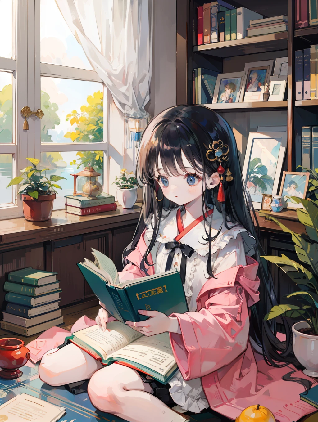 water color art。Shades like old books。A girl about 10 years old is sitting on the floor and reading a book looking down。An old study with many books in the background。There is a beautiful rug on the floor and books on top of it。A beautifully decorated lantern is hung and a beautiful light illuminates the room。Extremely high quality、high-level image quality、Extremely sensitive writing