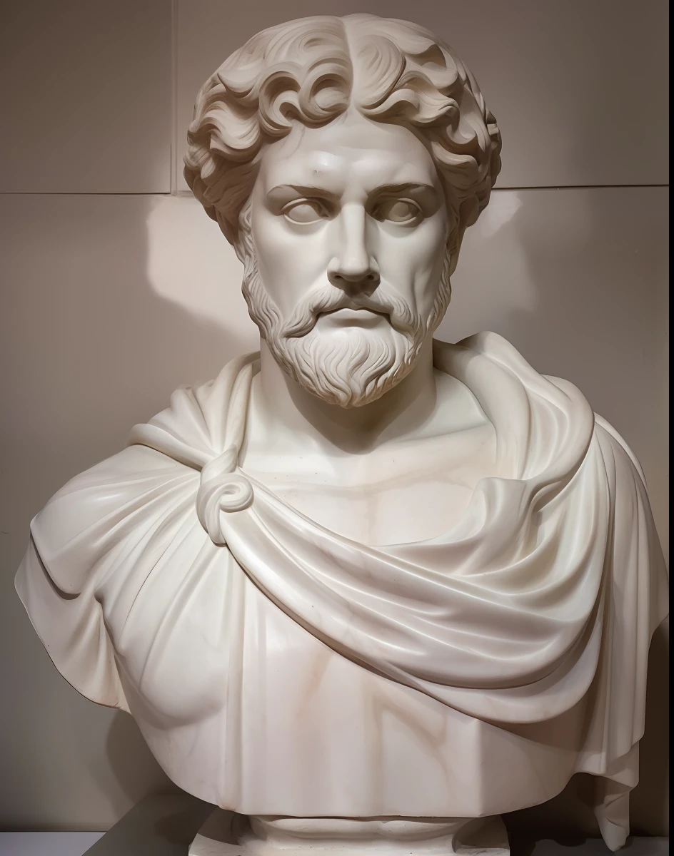 Busto arafed de um homem com barba e barba, eStoic face, Pose estoica, Stoic attitude, stoic, Imperador Romano, Estoicismo, eStoic facial expression, estoico and calm, Retrato de Zeus acidentado, bust of hercules, classic sculpture, divino e estoico, inspirado em Pietro Testa, marble bust