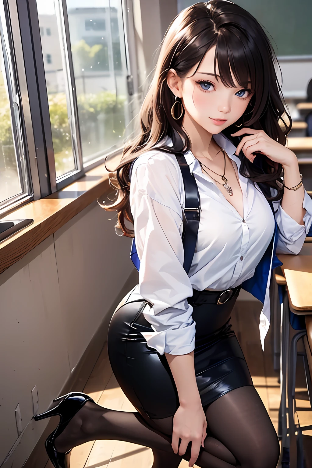(Masterpiece: 1.3), (Maximum resolution: 1.2), (Ultra HDTV: 1.2), Cinema light, Ultra HDTV, (Detailed eyes and skin), (Detailed facial features), HDR, 8k resolution, Sharp Focus: 1.2, Perfect style, beautiful face, Perfect body, accurate, anatomically correct, highly detailed face and skin texture, detailed eyes, Dark-blue eyes, double eyelids, thin eyebrows, glitter eyeliner: 1.2, natural cheeks, glossy skin, fair skin: 1.2, shiny little necklace and earrings, (glossy lips: 1.4), BREAK, first-person-view, (she is very Cute high school trainee Teacher), (Wearing a Button up shirt, Pencil skirt, scarf, high heels), (seductive smile: 1.2), ((Cute woman:1.3)), (wavy hair), (Light-brown hair:1.2), long hair, (Cowboy shot: 1.2), BREAK, ((Very intimate relationships: 1.2)), medium large breasts, ((Looking at viewer:1.2)), ((In the classroom of the school:1.2)), (from side:1.2),