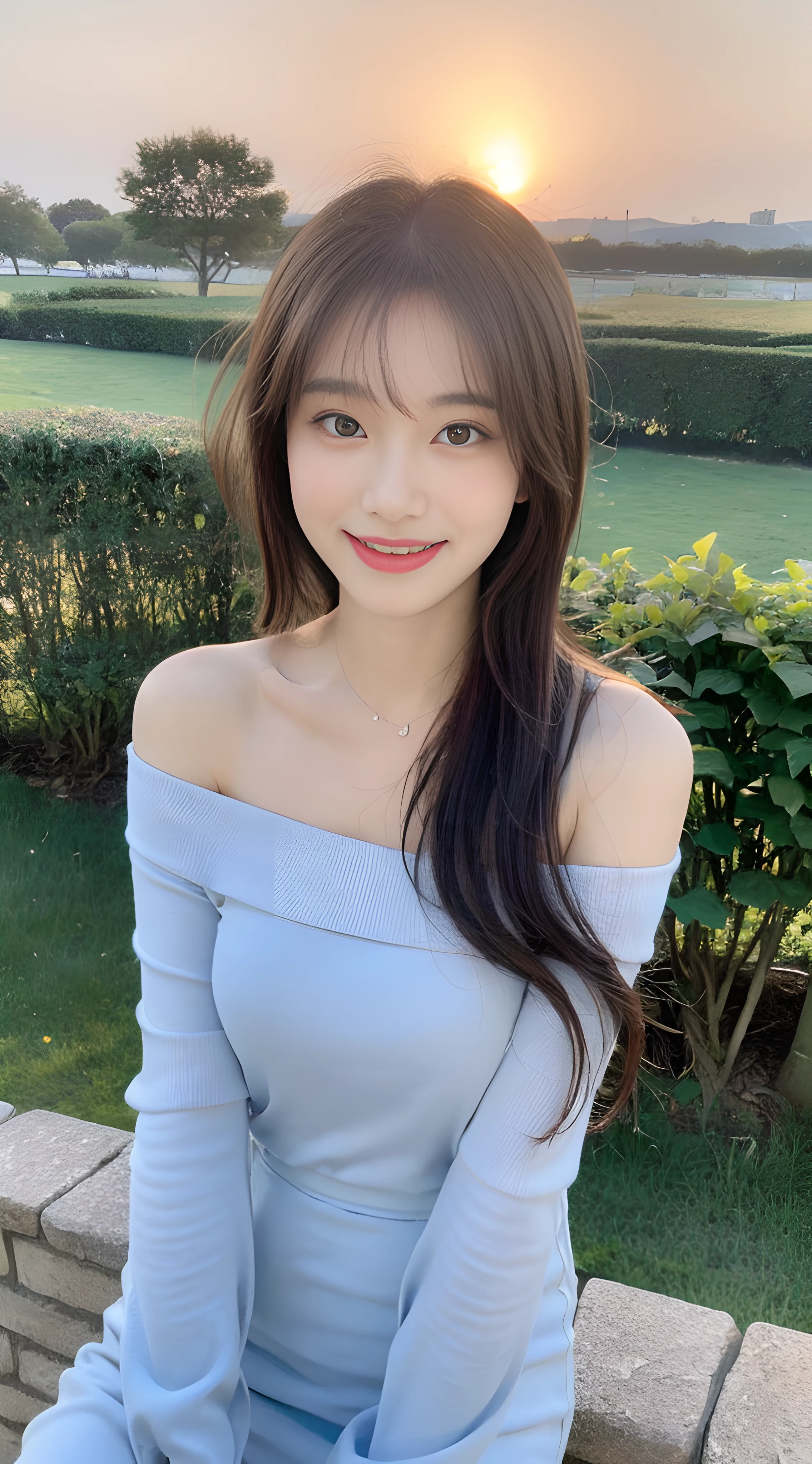 (1 Korean star with royal sister style), ((Best quality, 8K, 巨作: 1.3)), focal point: 1.2, Perfect body proportions: 1.4, (Make a smile), (Sunset: 1.3), Watery eyes, highly detailed face and skin textures, Fine eyes, Double eyelids, Whitens the skin, (length hair, Air bangs: 1.3), (Round face inches: 1.5), (An off-the-shoulder dress that looks good in summer: 1.4), (Blue Sky 1:3。 )(In the endless countryside 1:2),Take photos from medium and long distances while sitting。 (Wearing sunglasses)