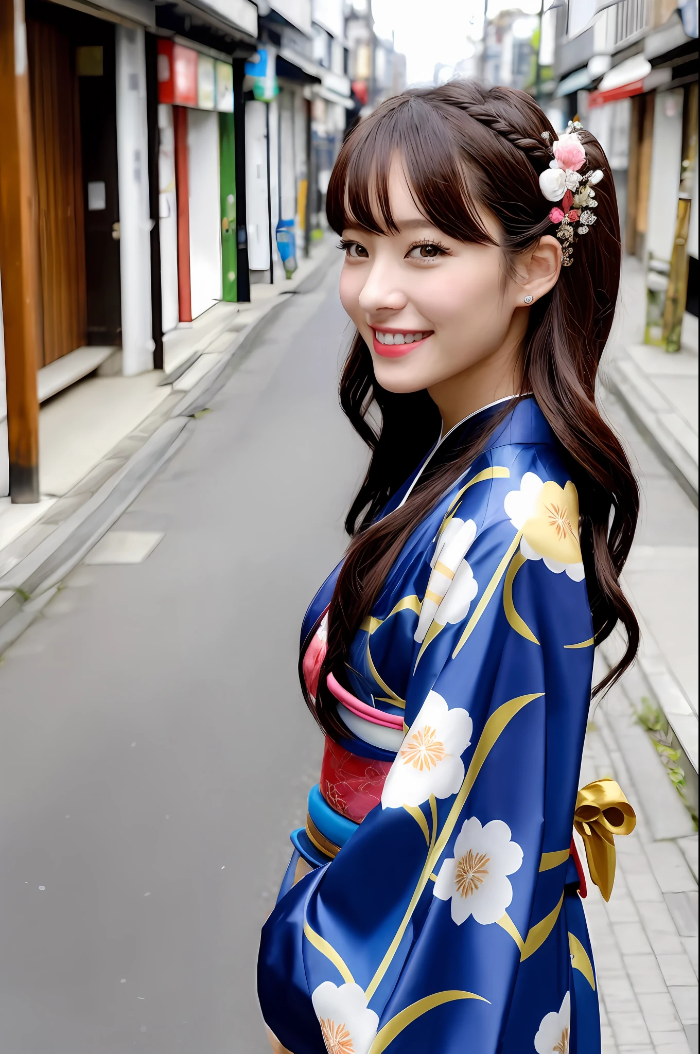 独奏, a beautiful lady, hair adornments, looking at the viewers, Hair Ink、 a masterpiece of, beste-Qualit, realisitic, Wearing kimono_Clothes、A smile、Urban streets,