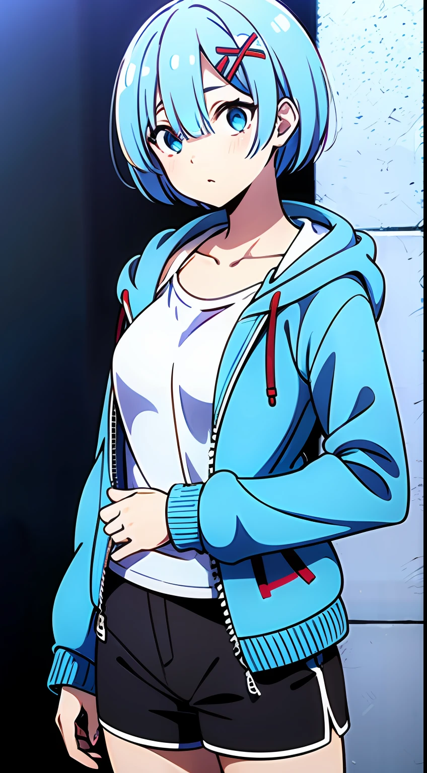 rem rezero, cabello corto, cabello azul, ojos azules, cara neutral, open jacket blue hoodie, white t-shirt, medium breasts, dark shorts, en medio de la calle,