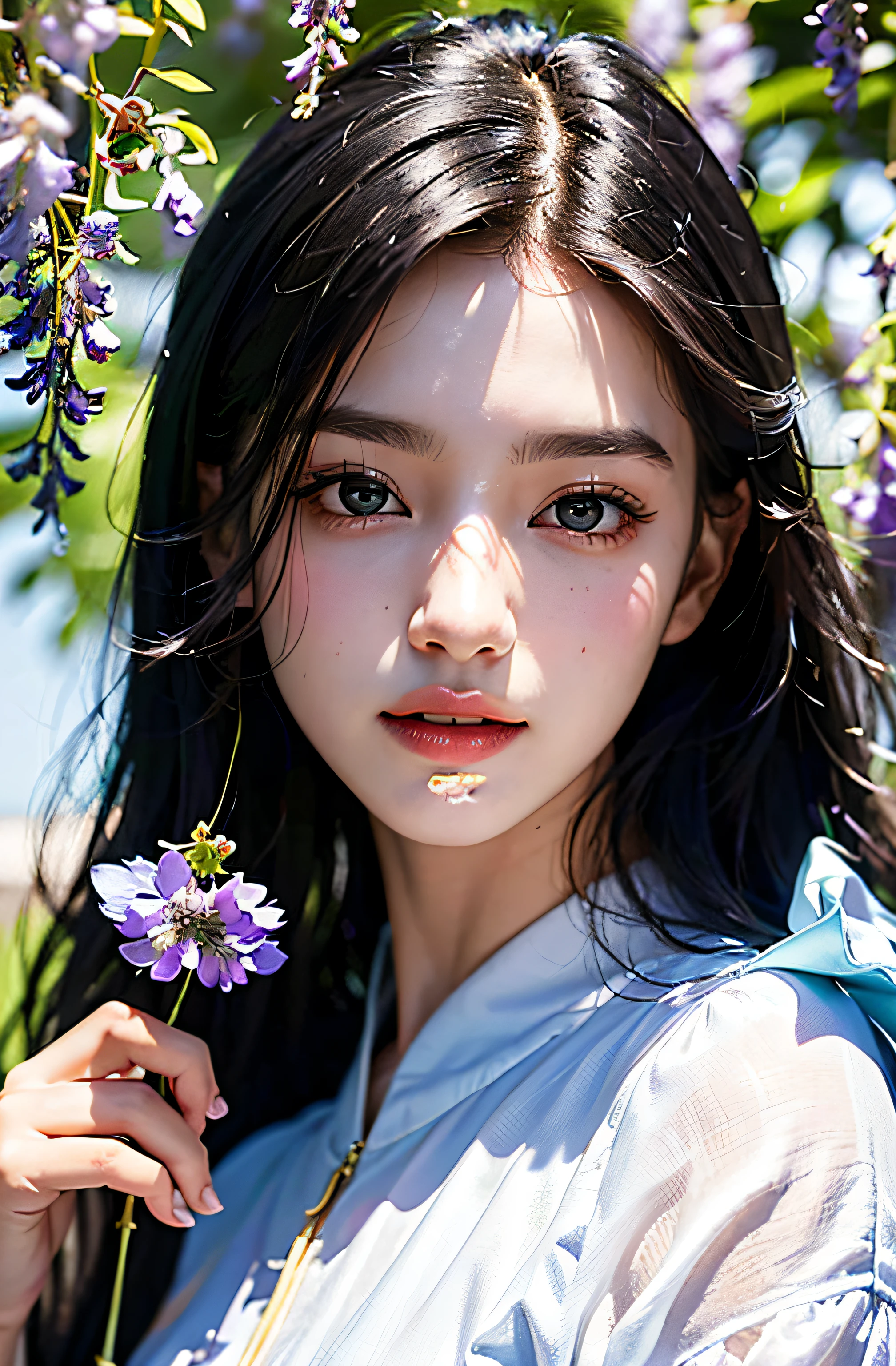 best quailty、a masterpiece of、photoRealstic、intricate-detail、Raw foto、Photon Rendering、Octane Rendering、absurderes、ultra detali、detailed face with、Detailed skin、trend on artstation、8K Masterpiece、lighting like a movie、( (1girl in))、((独奏) ))、((Behold))、CG Social Trends、Plastic En、((Black Long Hair))、((a beautiful lady))、(a smile)、summer clothing、(White Skin Skin)、Fashionable、(A sexy)、hair flowing in wind、((Flowing hair))、Happy、fashion magazine、((lighting like a movie))、((Wisteria flowers))、Ecstatic、