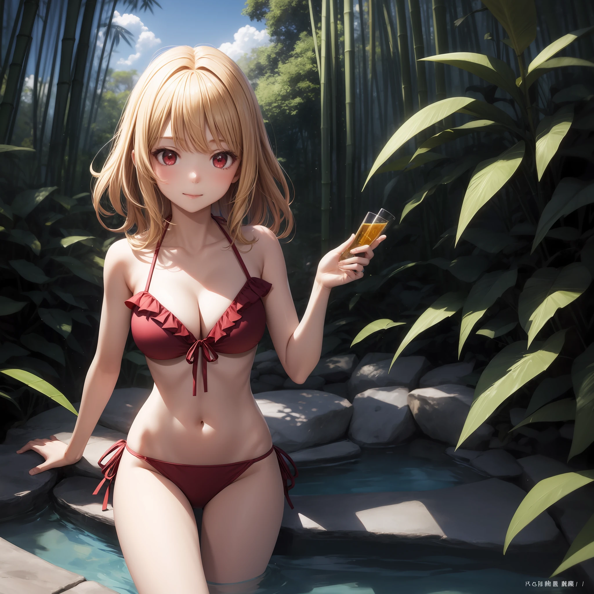 animated cartoon、Blonde girl with red eyes、独奏、Bikini with ruffles、gravure、Soio、bamboo grove