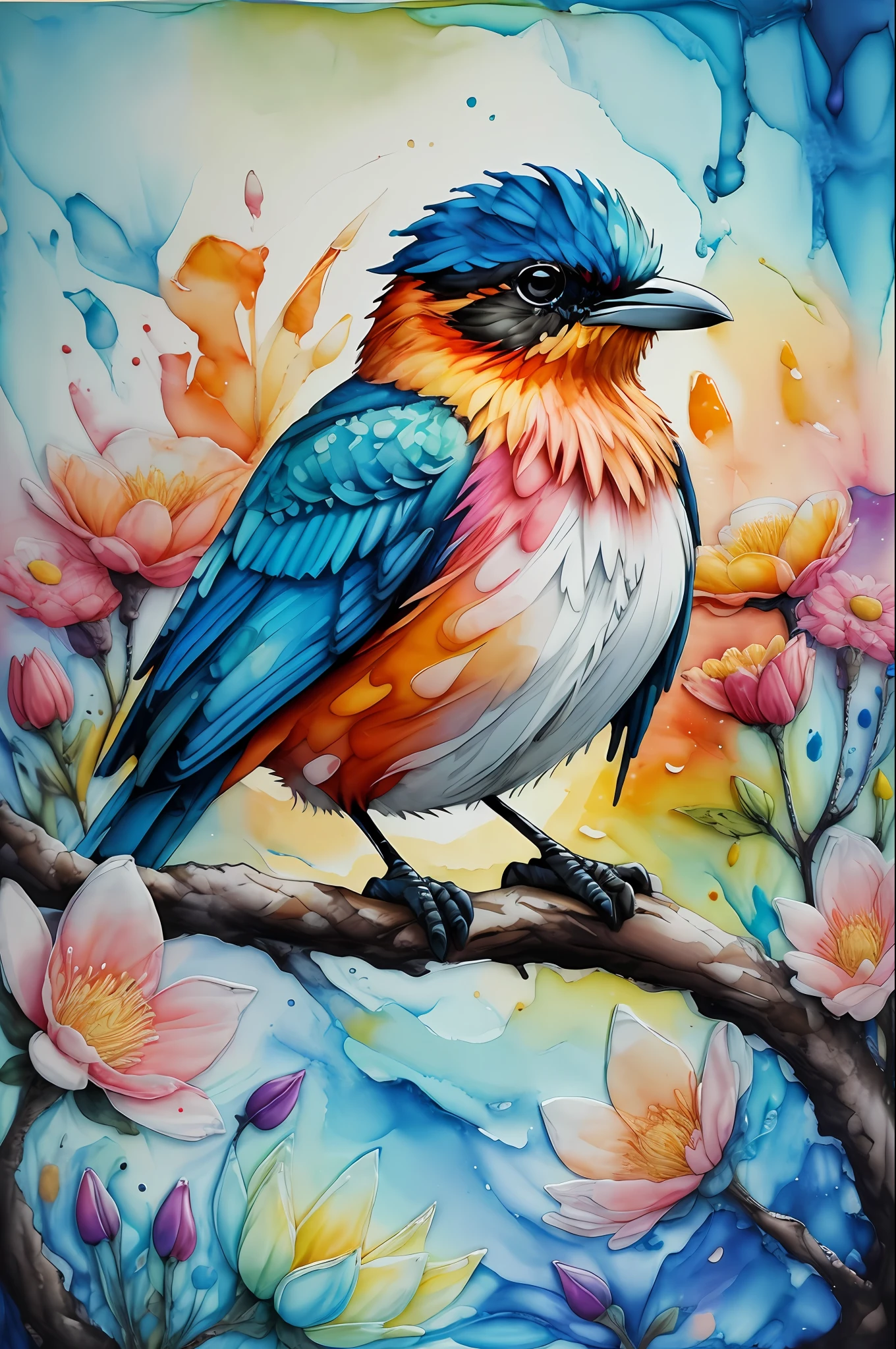 bird, sunrise, flower field, Alcohol ink and impasto mix painting,  explosion, 
yang08k,  beautiful,  colorful,
masterpieces, top quality, best quality, official art, beautiful and aesthetic,