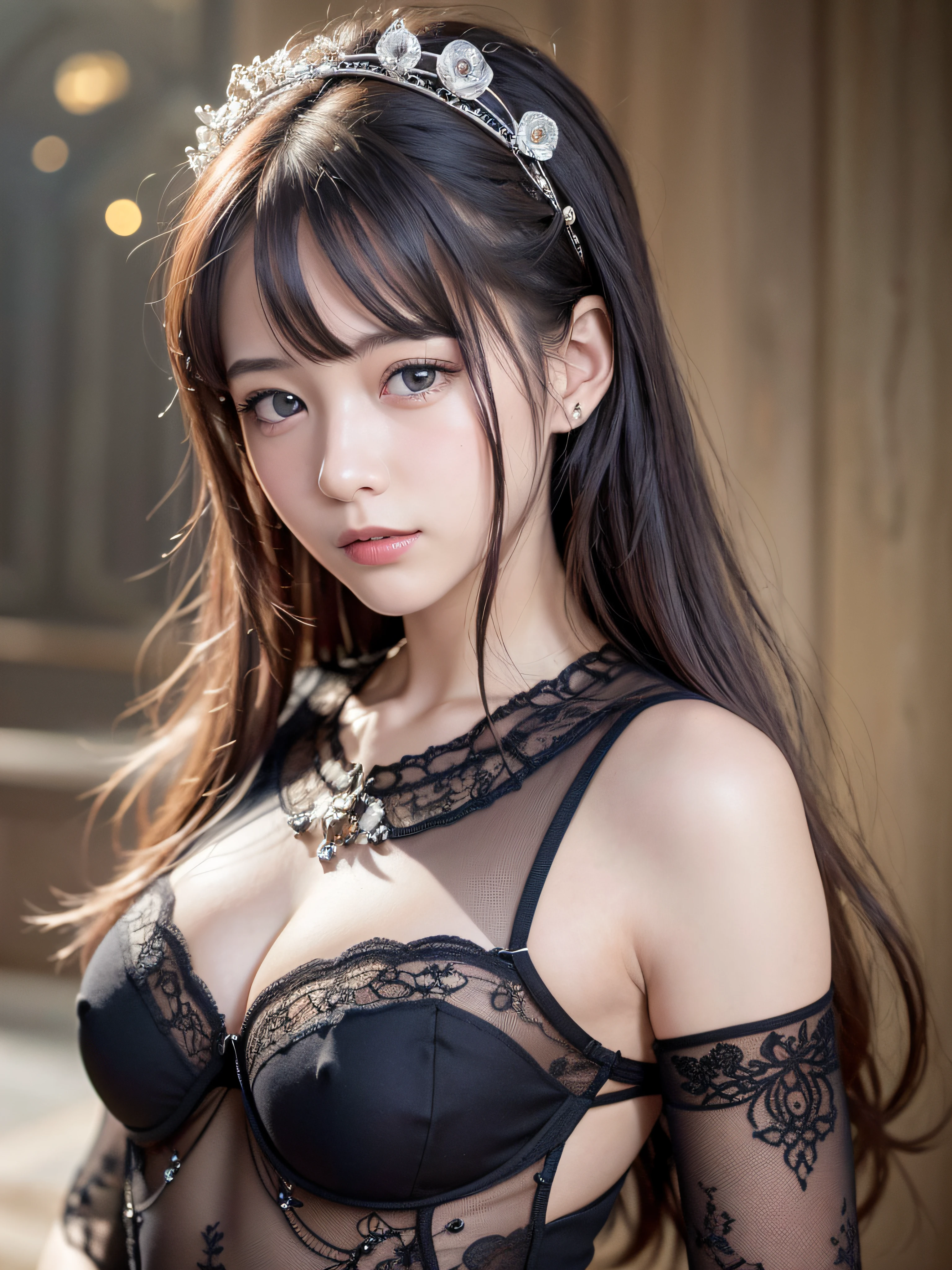 (realistic, photo realistic:1.37), incredibly absurdres, (insanely detailed:1.3), 8k, (masterpiece), (best quality:1.4), (ultra high res:1.2), (raw photo:1.2), (unity 8k wallpaper), 1 nogizaka girl, utterly cute, (bishojo:1.35), (:1.4), ((alice and the pirates fashion)), delicate detailed beautiful dress, hair accessory with blue rose, an exquisitely detailed and beautiful face and eyes and skin, detailed black shine hair, medium breasts, smile at the camera, cowboy shot, european castles, ultra detailed background, professional lighting