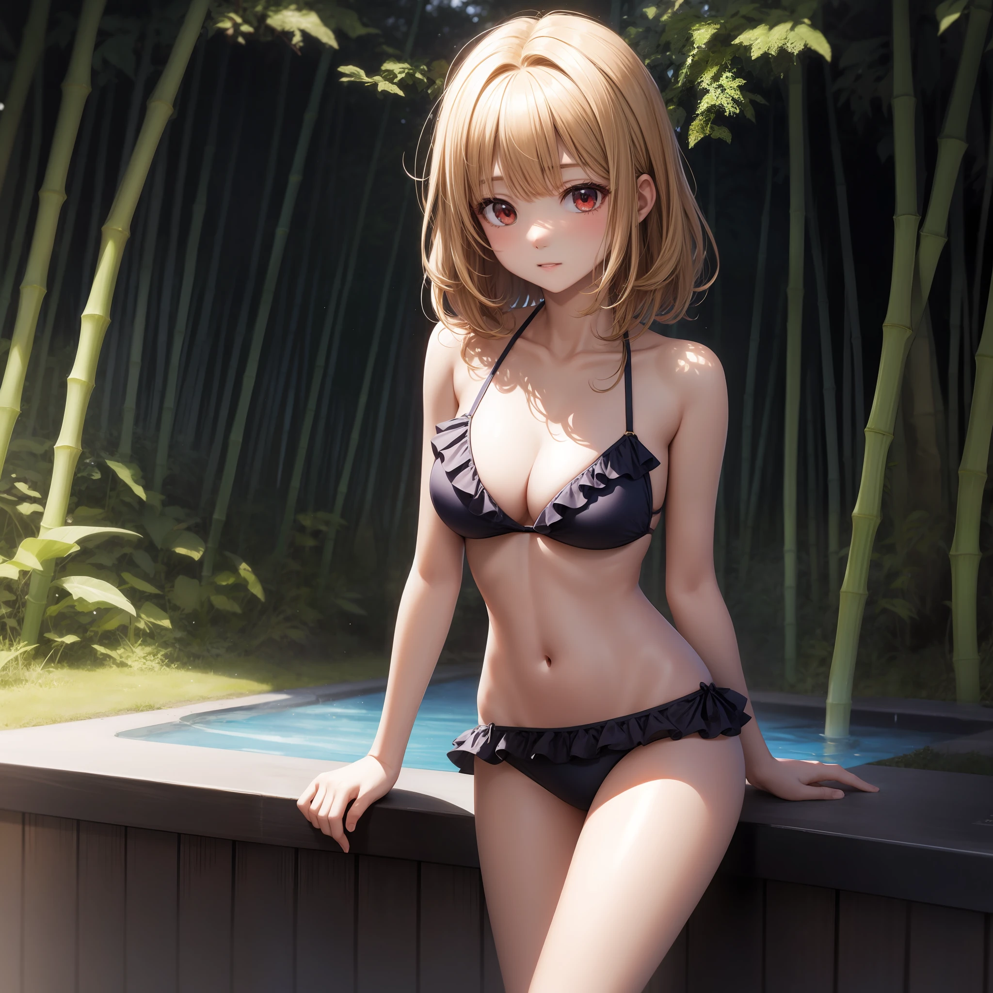 animated cartoon、Blonde girl with red eyes、独奏、Bikini with ruffles、gravure、Soio、bamboo grove