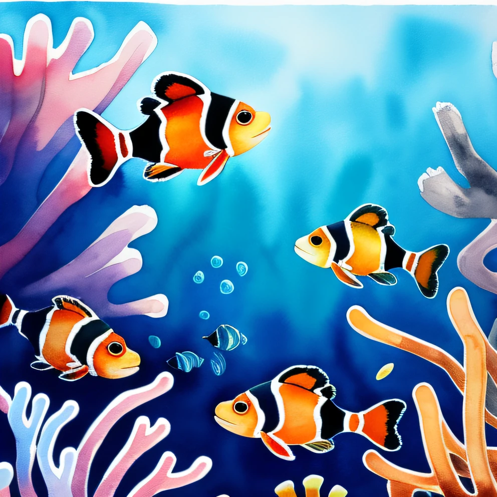 Watercolor painting of many clownfish (Balistoides conspicillum)