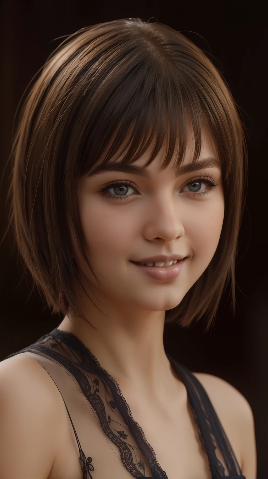 (high quality CG 8k wallpapers, The Masterpiece, Detail),(is beautiful, Image of a girl with smooth short brunette hair and brown eyes),(on formal equipment, Happy expression)