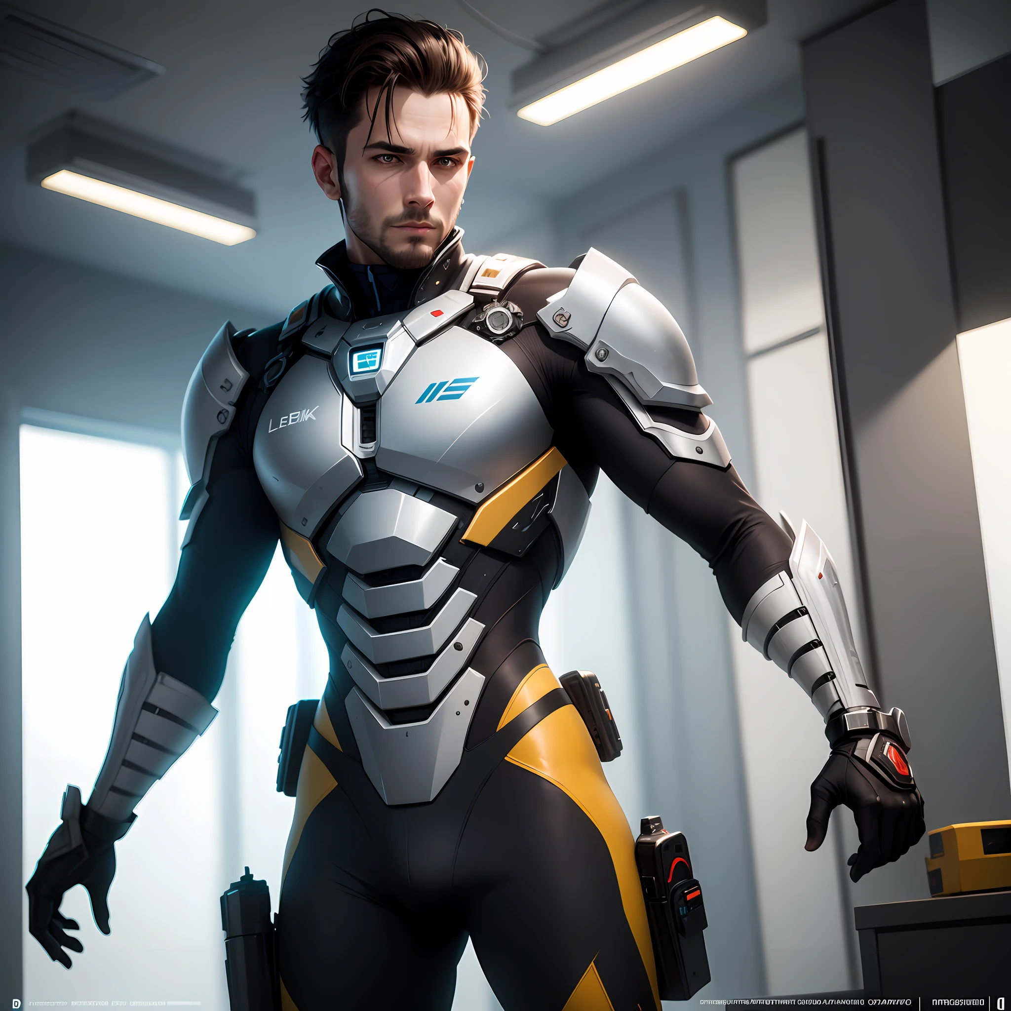 (VAMOS TRABALHAR NO MEU PERSONAGEM LEANDRO) 8k, realista, atraente, altamente detalhada, um homem de 33 anos, brasileiro, um homem atraente inspirado no Homem de Ferro. This high definition and high quality image will provide you with stunning visual pleasure, a perfect combination of sensual elements, futuristic and realistic science fiction. OC rendering, lighting dramatic, qualidade premiada, 16:9 --auto