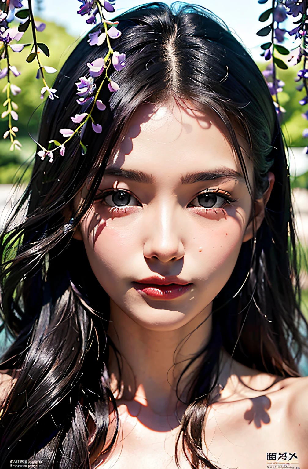 best quailty、a masterpiece of、photoRealstic、intricate-detail、Raw foto、Photon Rendering、Octane Rendering、absurderes、ultra detali、detailed face with、Detailed skin、trend on artstation、8K Masterpiece、lighting like a movie、( (1girl in))、((独奏) ))、((Behold))、CG Social Trends、Plastic En、((Black Long Hair))、((a beautiful lady))、(a smile)、summer clothing、(White Skin Skin)、Fashionable、(A sexy)、hair flowing in wind、((Flowing hair))、Happy、fashion magazine、((lighting like a movie))、((Wisteria flowers))、Ecstatic、