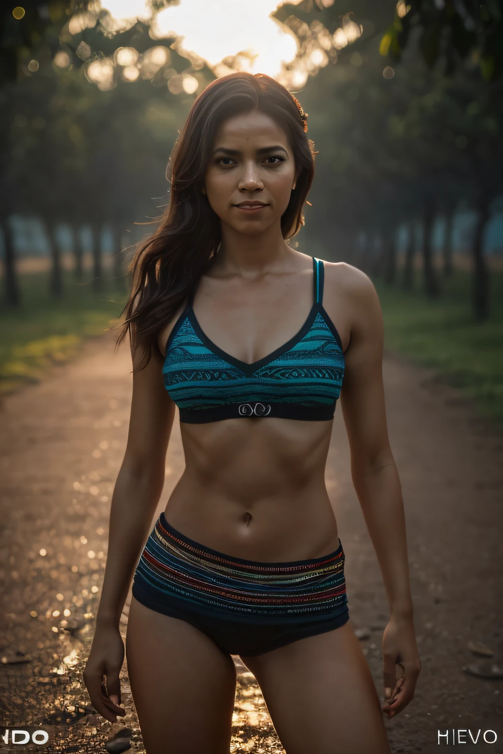 uma foto de corpo inteiro, Nativo, indigena, Tribal, textura natural da pele, 24mm, Texturas 4k, pele suja, Pernas lindas, soft Cinematic Light, Adobe Lightroom, photolab, majo, leve sorriso, chuva detalhada, obra-prima, (belos olhos castanhos claros detalhados: 1.1), melhor qualidade, particles in the air, (Detailed lighting: 1.2), (brilho detalhado bonito: 1.3), roupas de couro, ((decote profundo)), seios perfeitos, intrincado, Pintura digital, smooth and sharp focus, fim do mundo, epic realistic, (HDR:1.4), (cores silenciadas:1.4), cores neutras, noite, refractions of screen space, (detalhes intrincados, hiperdetalhados:1.3), Cinematographic photo, vinheta, Fundo castelo medieval, cores escuras, Vampire Hunter