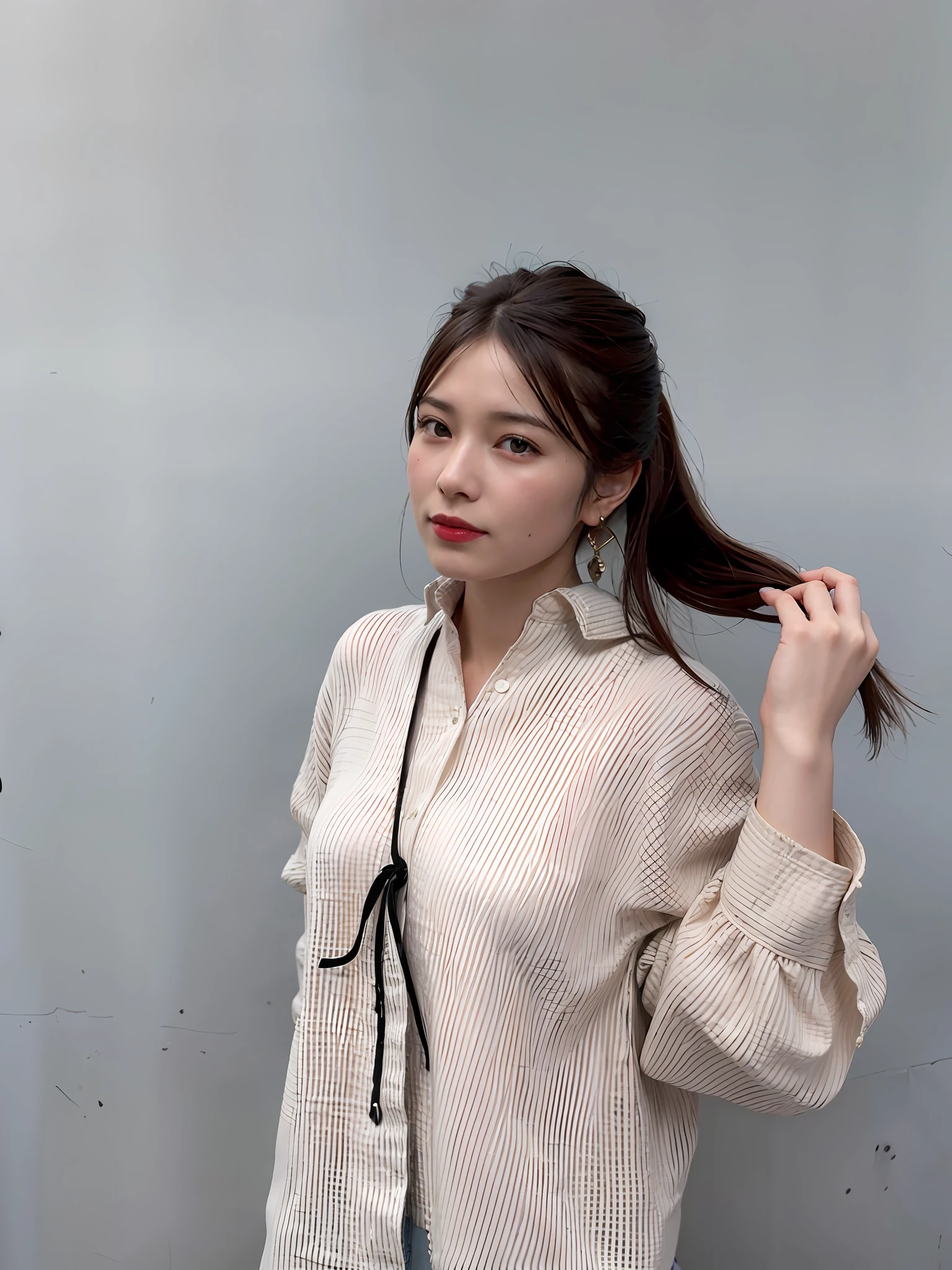 best quality, ultra high res, (photorealistic:1.4), 1girl, off-shoulder white shirt, black tight skirt, black choker, (faded ash gray hair:1), (huge breasts:1.2), looking at viewer, closeup ,