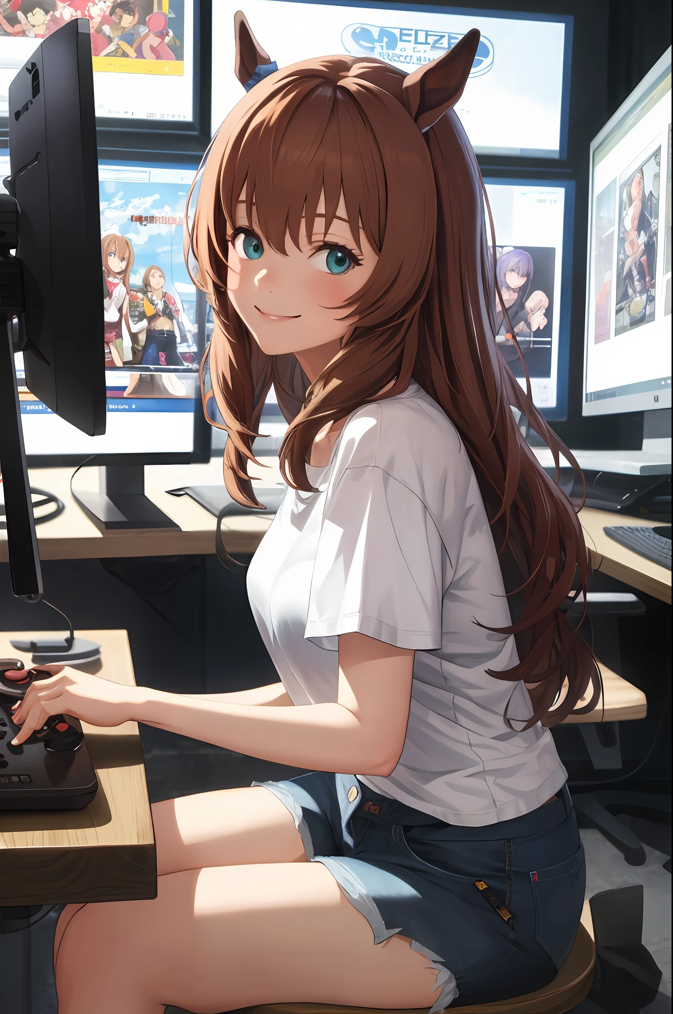 masterpiece, top quality, high resolution, maruzensky \(umamusume\), close-up wide angle, smile, white T-shirt, shorts, looking at a large screen monitor, the monitor is showing a game, holding the controller, sitting, sitting in front of a monitor,