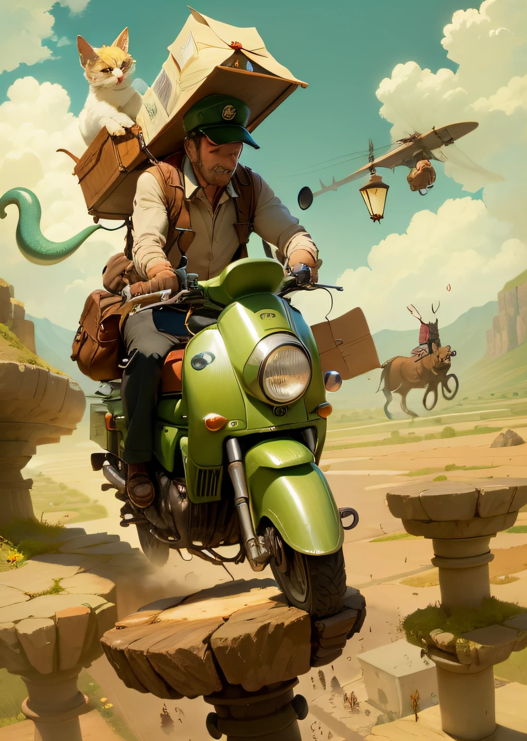 (a whimsical illustration)of mailman riding on the back of a snail,delivering mail to a far-off land --auto