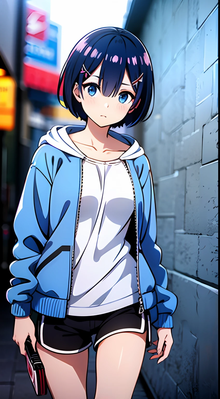 rem rezero, cabello corto, cabello azul, ojos azules, cara neutral, open jacket blue hoodie, white t-shirt, medium breasts, dark shorts, en medio de la calle,