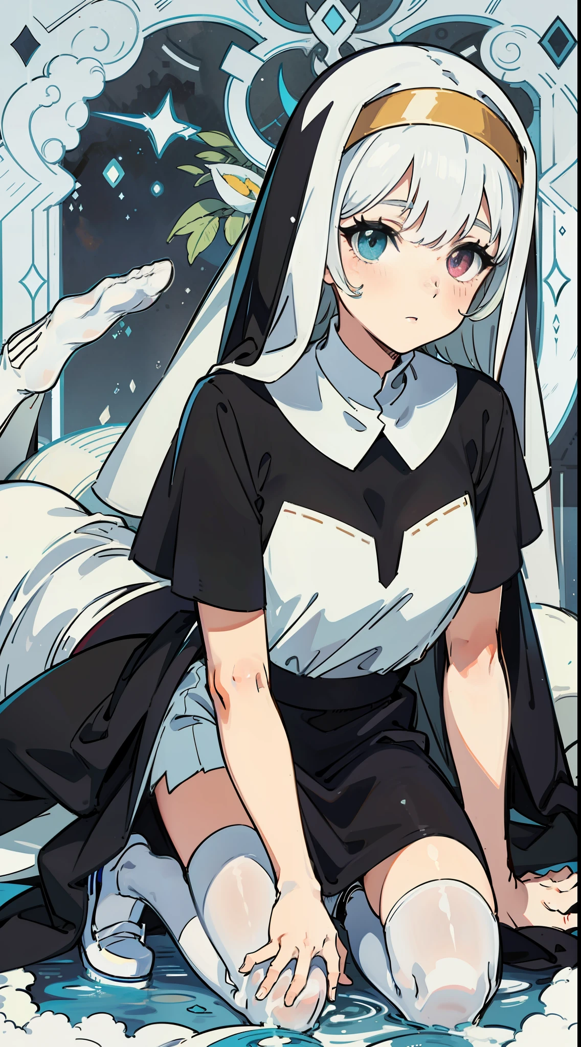 Heterochromic eyes，Nun dress，white stockings，Take off your shoes and kneel