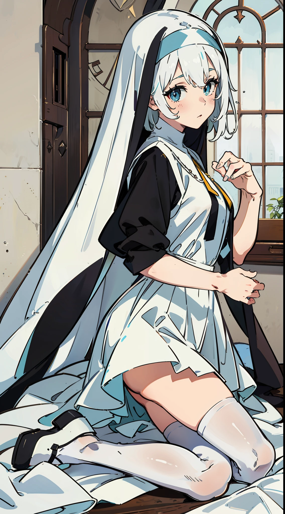 Heterochromic eyes,Nun dress,white stockings,Take off your shoes and kneel