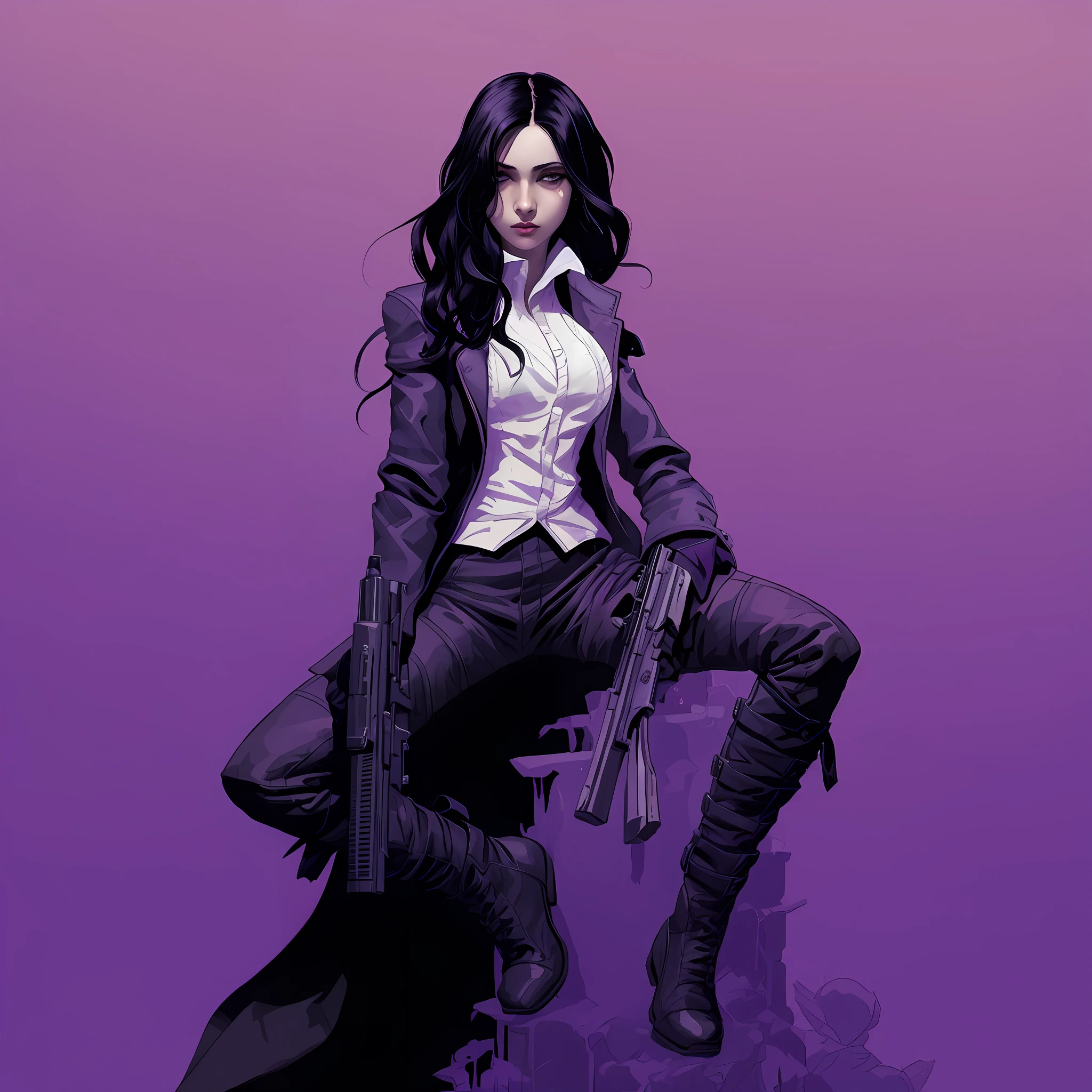 Imagem de uma mulher sentada em uma cadeira com uma arma, Kate Bispo, Martin then, Estilo de Charlie Bowater, Moebius + Artgerm, No estilo de Charlie Bowater, Martin Ansin, Retrato da obra, adam hughes, um assassino adolescente ousado, arte do personagem charlie bowater, Directed by: Jorge Jacinto, estilo de arte charlie bowater