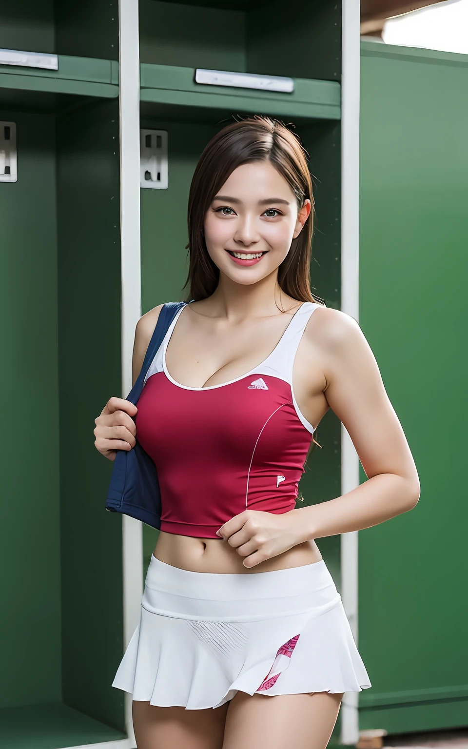 Highly detailed CG Unity 8K wallpaper, With the highest quality, super detailed, Master Piece, Realistic, photograph realistic, extremely detailed cute girl, 25 years old, (tennis wear), miniskirt, ((perspired)), ((sweaty skin)), smile, Round eyes, medium breasts, looking viewer, cowboy shot , locker room , cleavage , showing panties