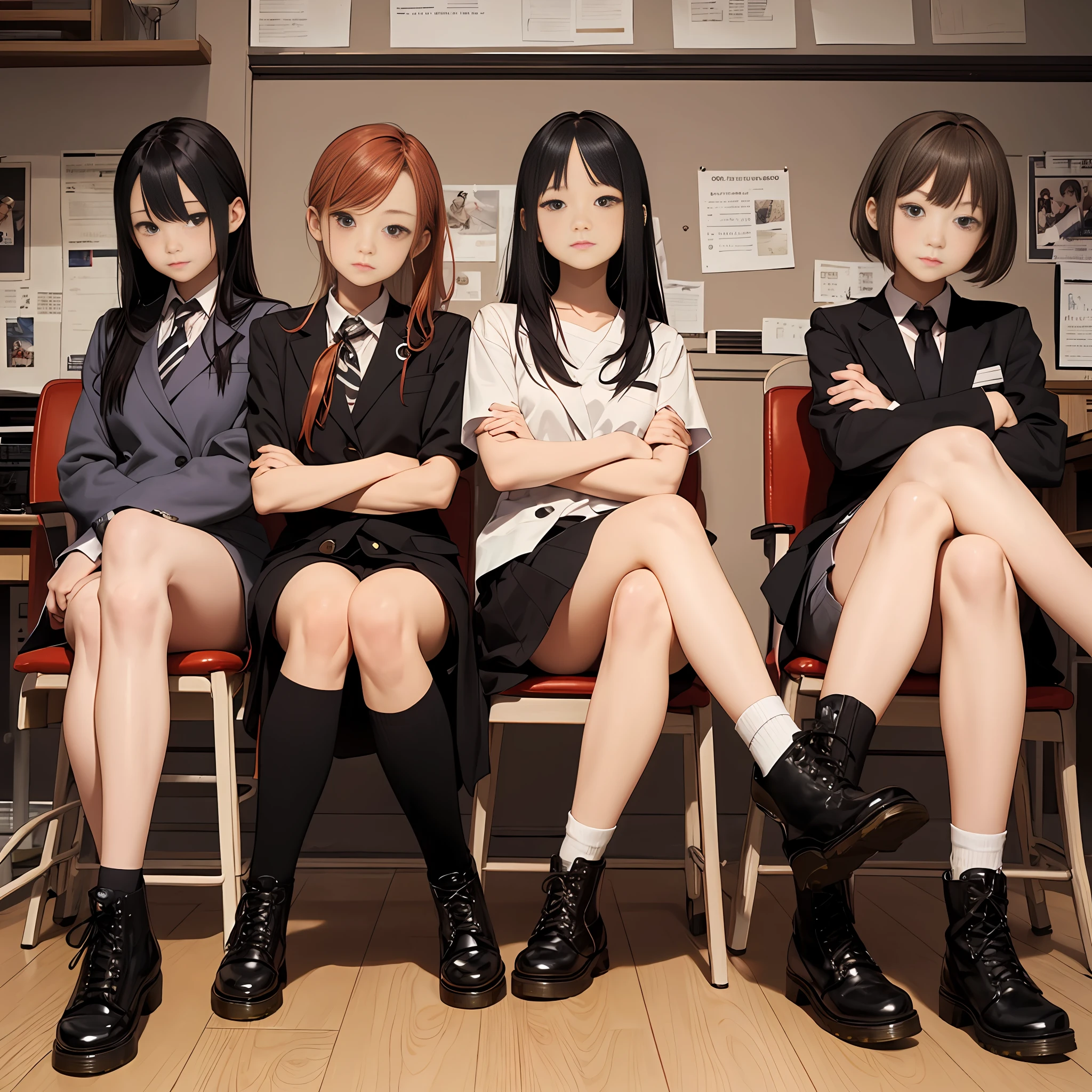 Shoe soles、Dr. Martens boots、Japanese high school  girls、blazers、Black High Socks、Sit on a chair and cross your legs、Cross your arms and look down、glaring、Proud appearance、