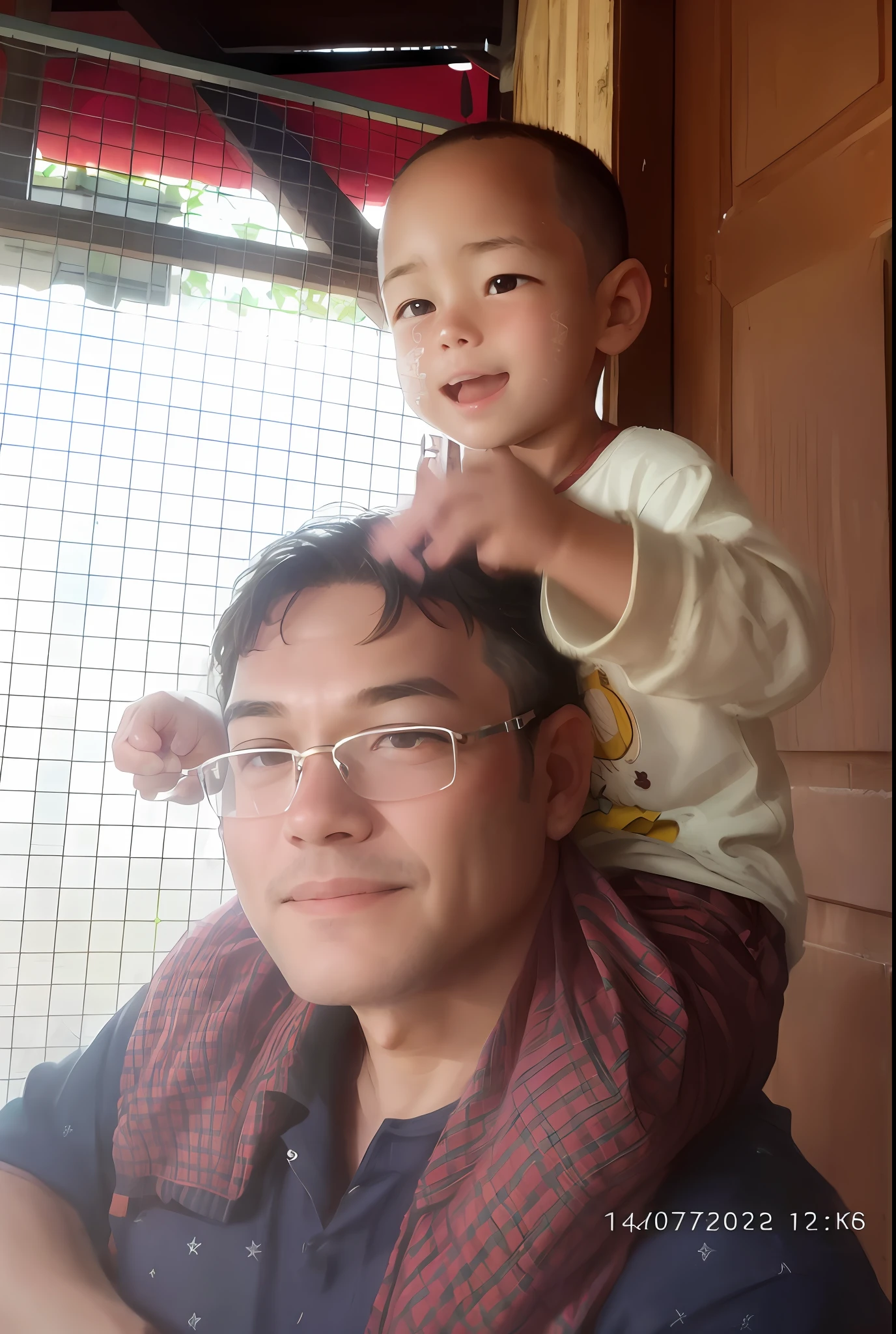 A father and son, son riding on the father's shoulders, field outing, many balloons, happy, happy, perfect quality, clear focus (clutter-home: 0.8), (masterpiece: 1.2) (Realistic: 1.2) (Bokeh) (Best quality) (Detailed skin: 1.3) (Intricate details) (8K) (Detail Eyes) (Sharp Focus), (Happy)