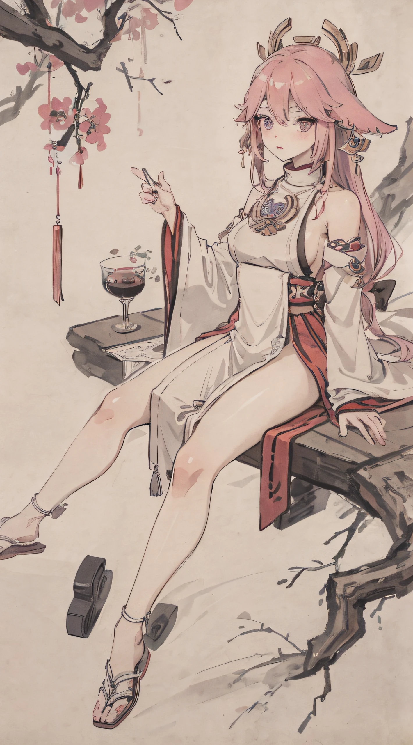 (Masterpiece, best quality: 1.2), traditional Chinese ink painting, pink hair, purple eyes, yae miko, couch