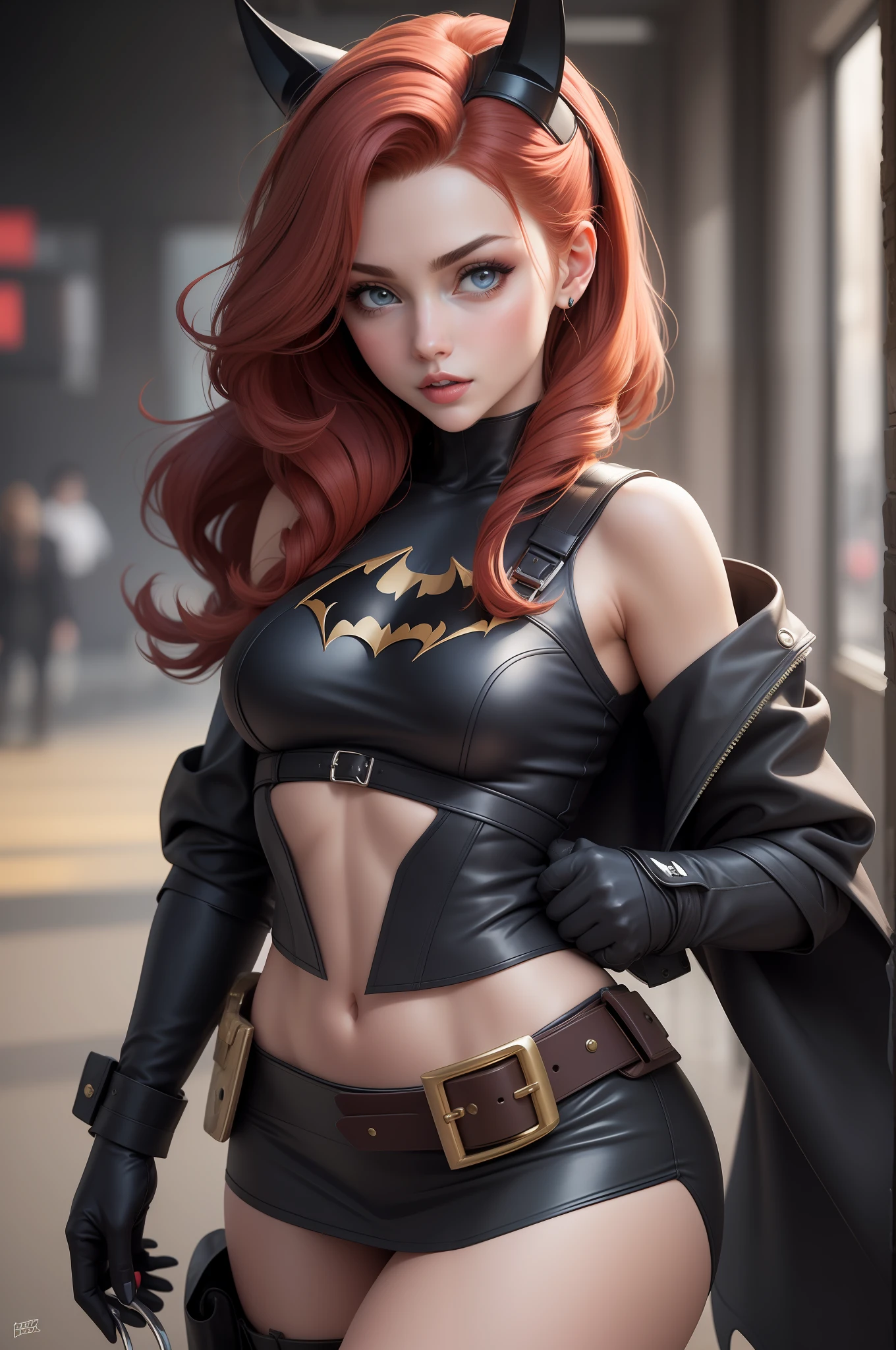 sexy batgirl cabelo vermelho longo e olhos azuis, faixa de cabelo preto, croptop branco, mangas curtas, capa vermelha, blue pencil skirt, botas vermelhas, luvas brancas