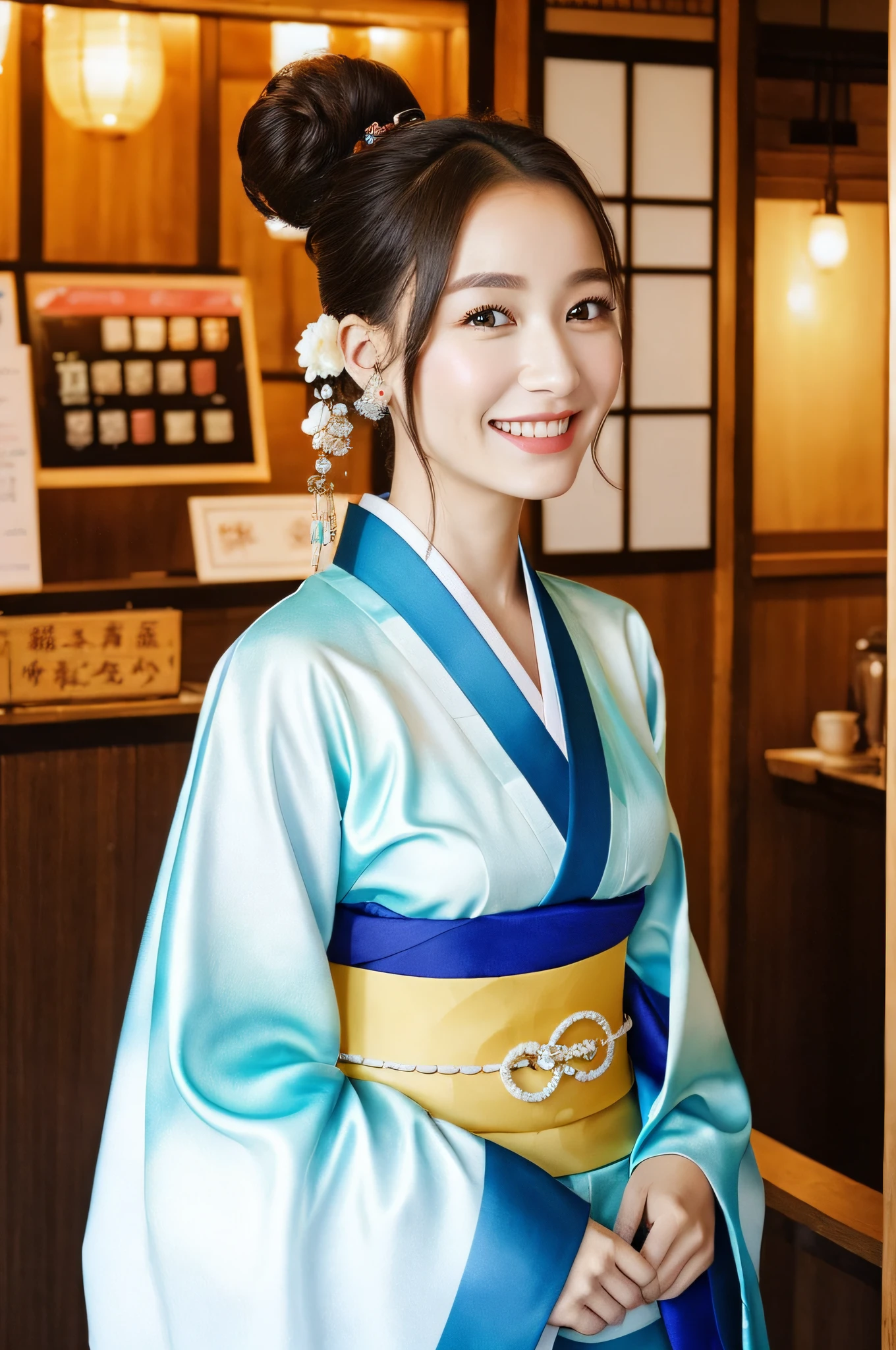 独奏, a beautiful lady, hair adornments, looking at the viewers, a masterpiece of, beste-Qualit, realisitic, Wearing kimono_Clothes、A smile、tea shop,