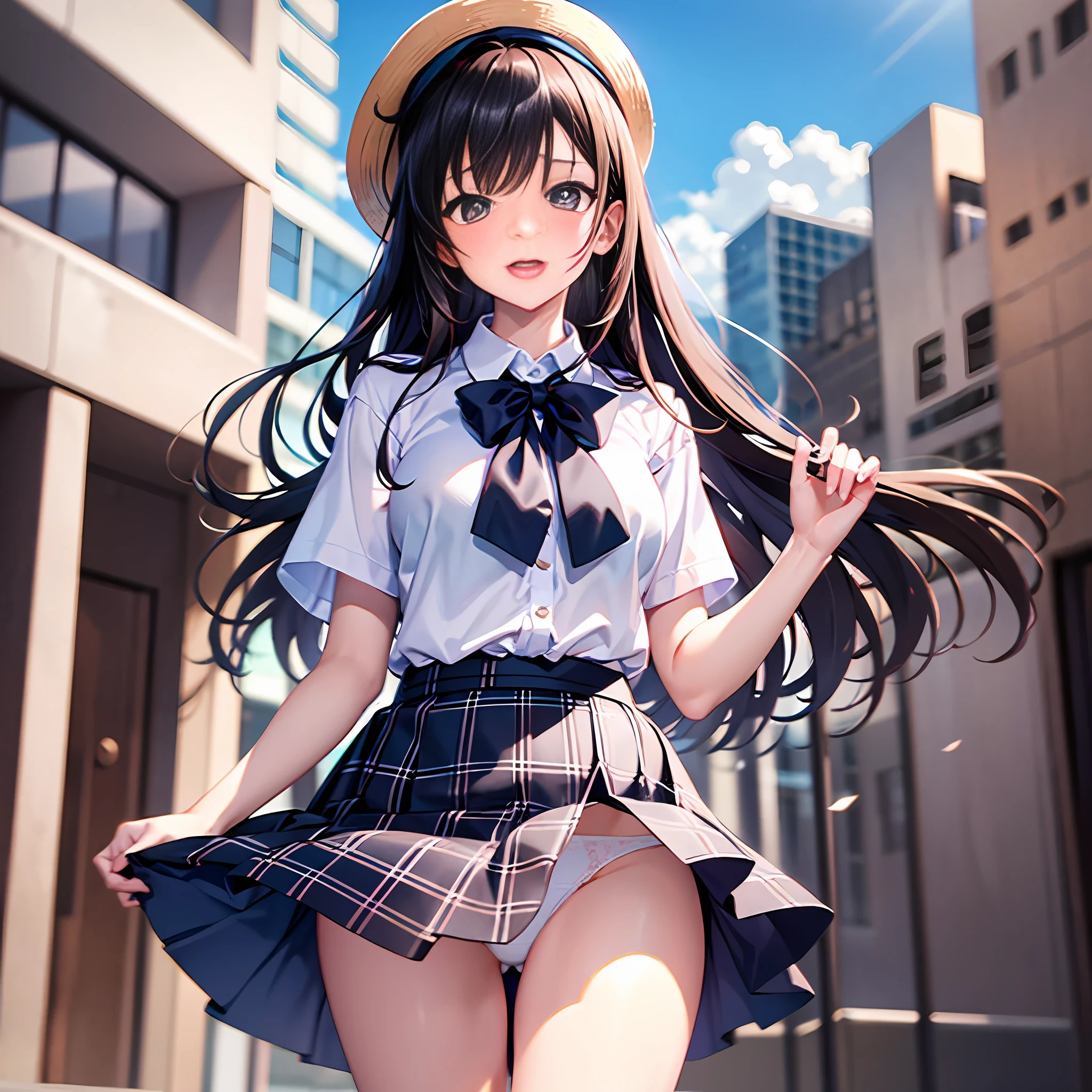 Best quality, masutepiece: 1.5, Professional Photography,1blushgirl, Looking down, Dark hair, Panic, embarrassed, Slightly open mouth, Solo, (masutepiece:1.2), Best quality, cowboys_shot, view straight on, School Uniforms, white shirt、plaid skirts、mini skirt lifted up in the wind, skirt that rises to the waist,、She tries to hold the skirt with her hand, Exposed white panties:1.5,(White socks:1.2), Outdoors、Show crotch、