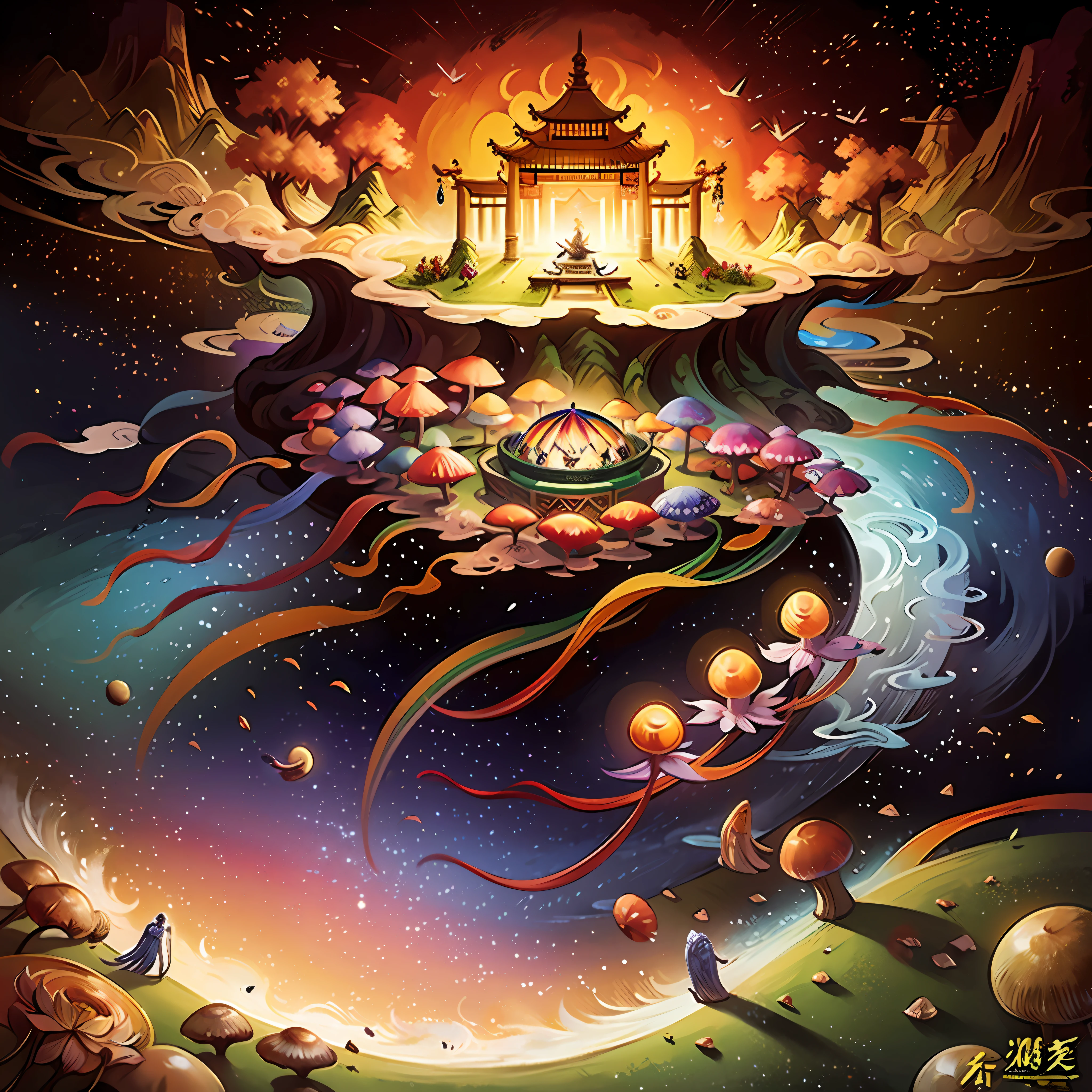 An ancient Chinese painting, ancient Chinese background, mountains, rivers, auspicious clouds, pavilions, sunshine,(psychedelic details),(mushrooms),lotus,(rainbow),(trippy),(DMT),intricate details, more details, high details,masterpieces, super detail, epic composition, ultra HD, high quality, extremely detailed, official art, unified 8k wallpaper,(show full objects ),Super detail, 32k -- v 1.7
