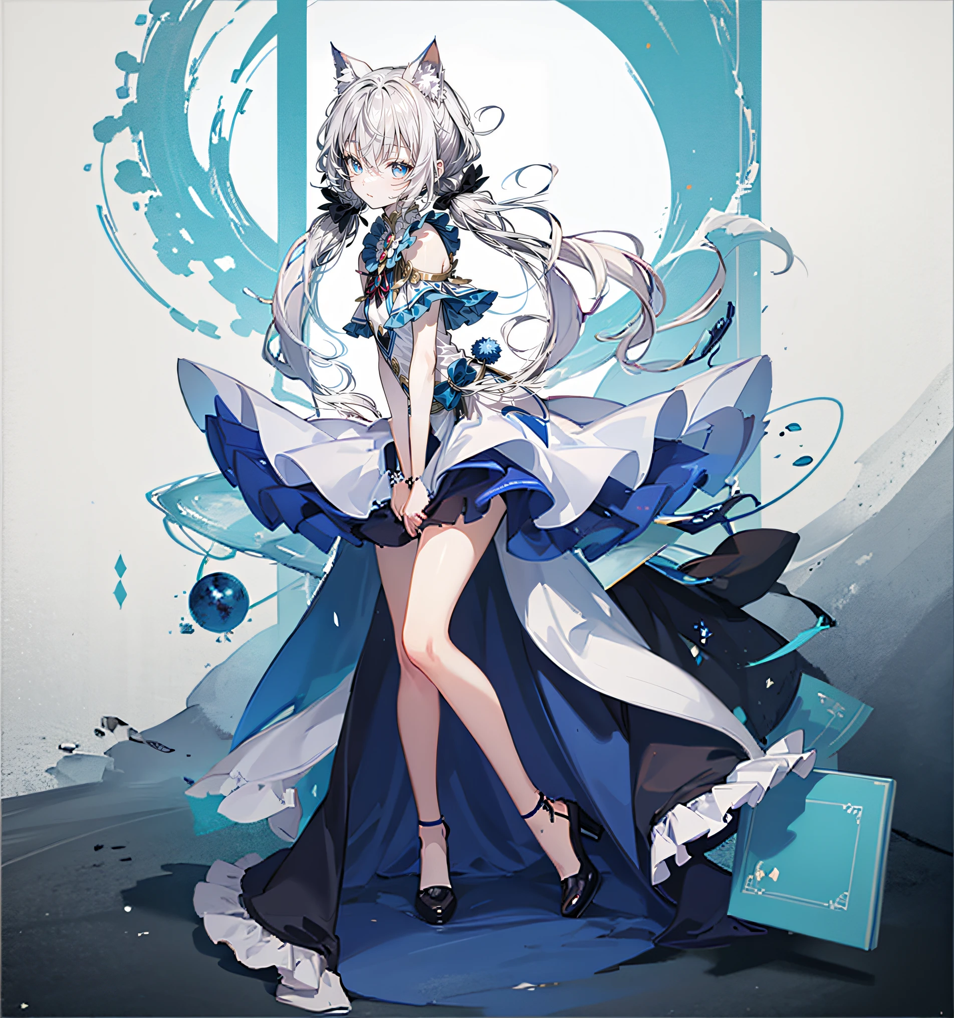 (cat ear+White-haired loli:1.2+a blue dress)，Shadows are poetic，Yin cold white blue，Superb details，Arknights card art style。