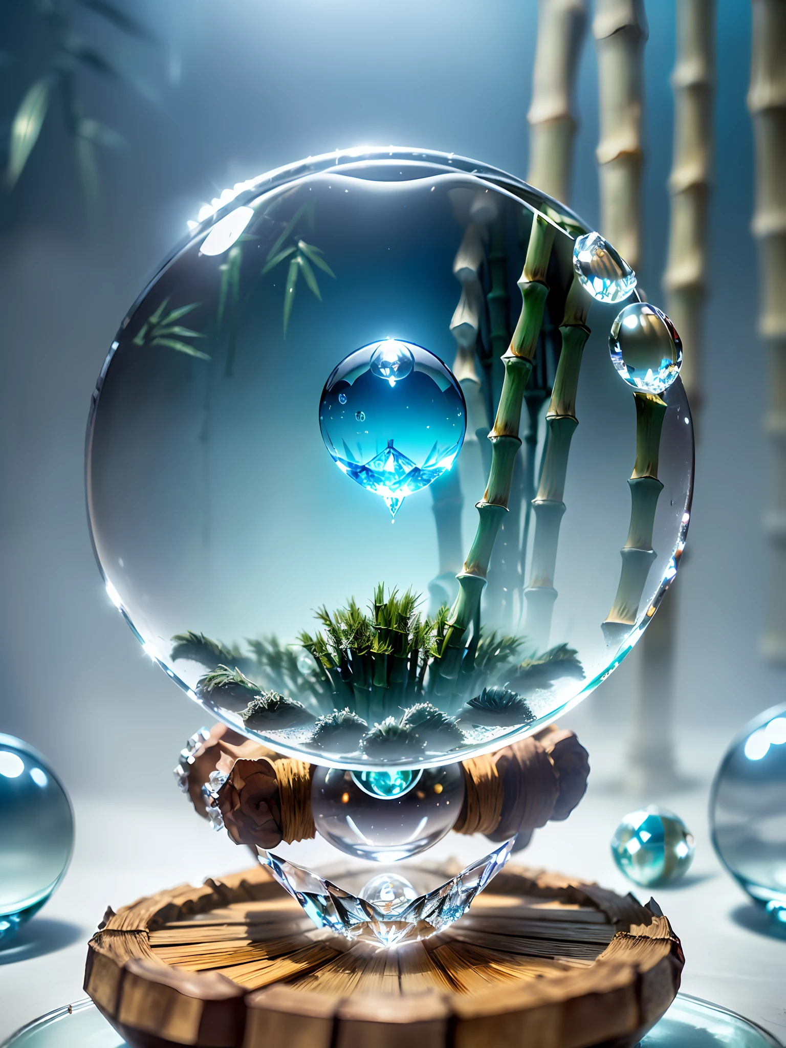 Hyper-realistic、16K High Resolution、(Maximum Sharp Focus:1.3)、(Maximum Close-up:1.5)、(Miniature bamboo bush trapped in a crystal ball with a pedestal on a table:1.7)、(aqua、blue back light:1.5)、(White fog、Light shining:1.5)