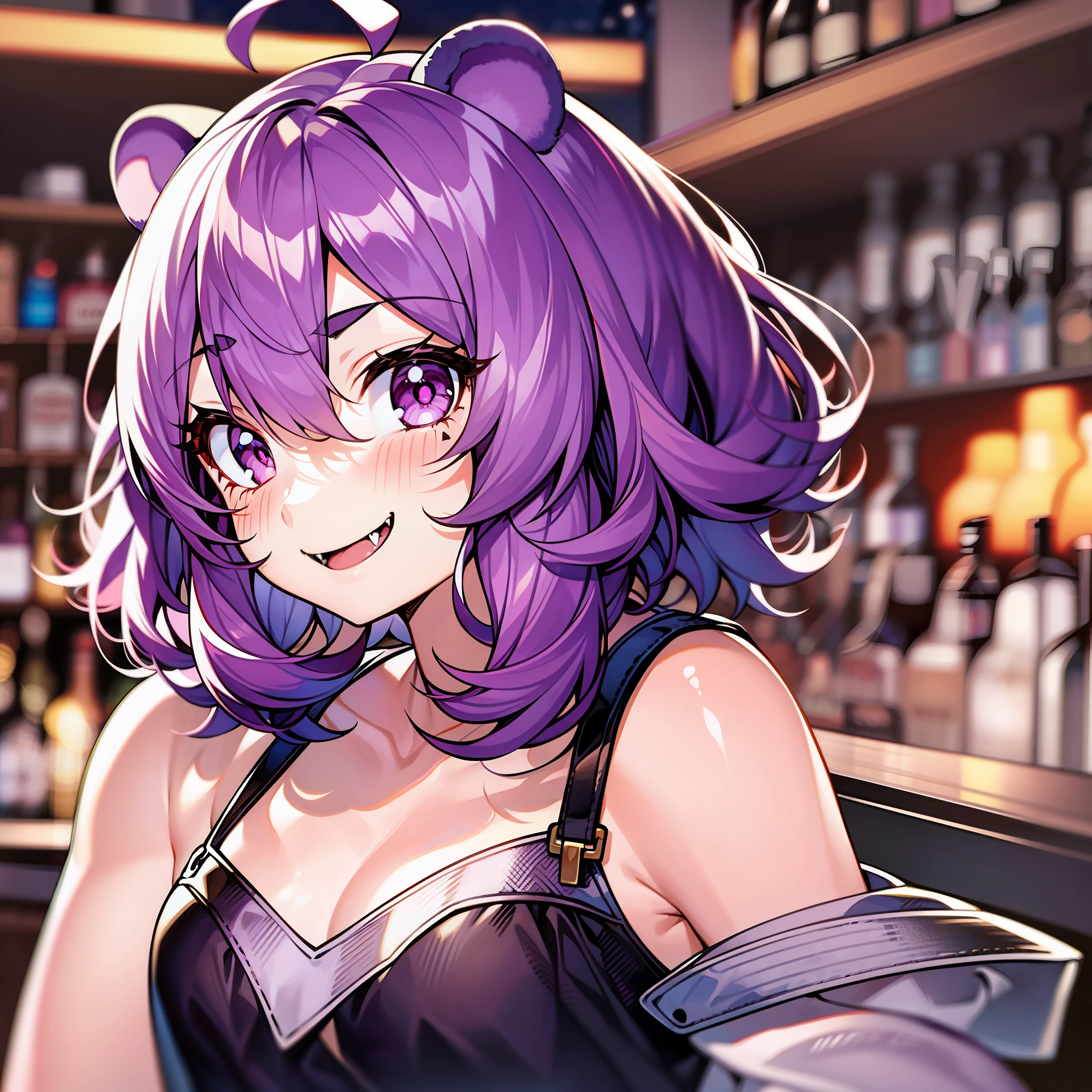 1girl, solo, animal ears, pose, happy, smiling, fangs, purple bear ears, purple hair, looking at viewer, ahoge, bangs, short hair, original character, pink eyes, magenta eyes, red eyes, multicolor eyes, short hair, wavy hair, swept bangs, small breasts, flat chest, bear ears, tired, sleepy, bags under eyes, beauty mark, young, , short eyebrows, bar, nighttime, bar background, smug, drunk, laughing, flushed, blushing, smirk, full face blush, doyagao, :3