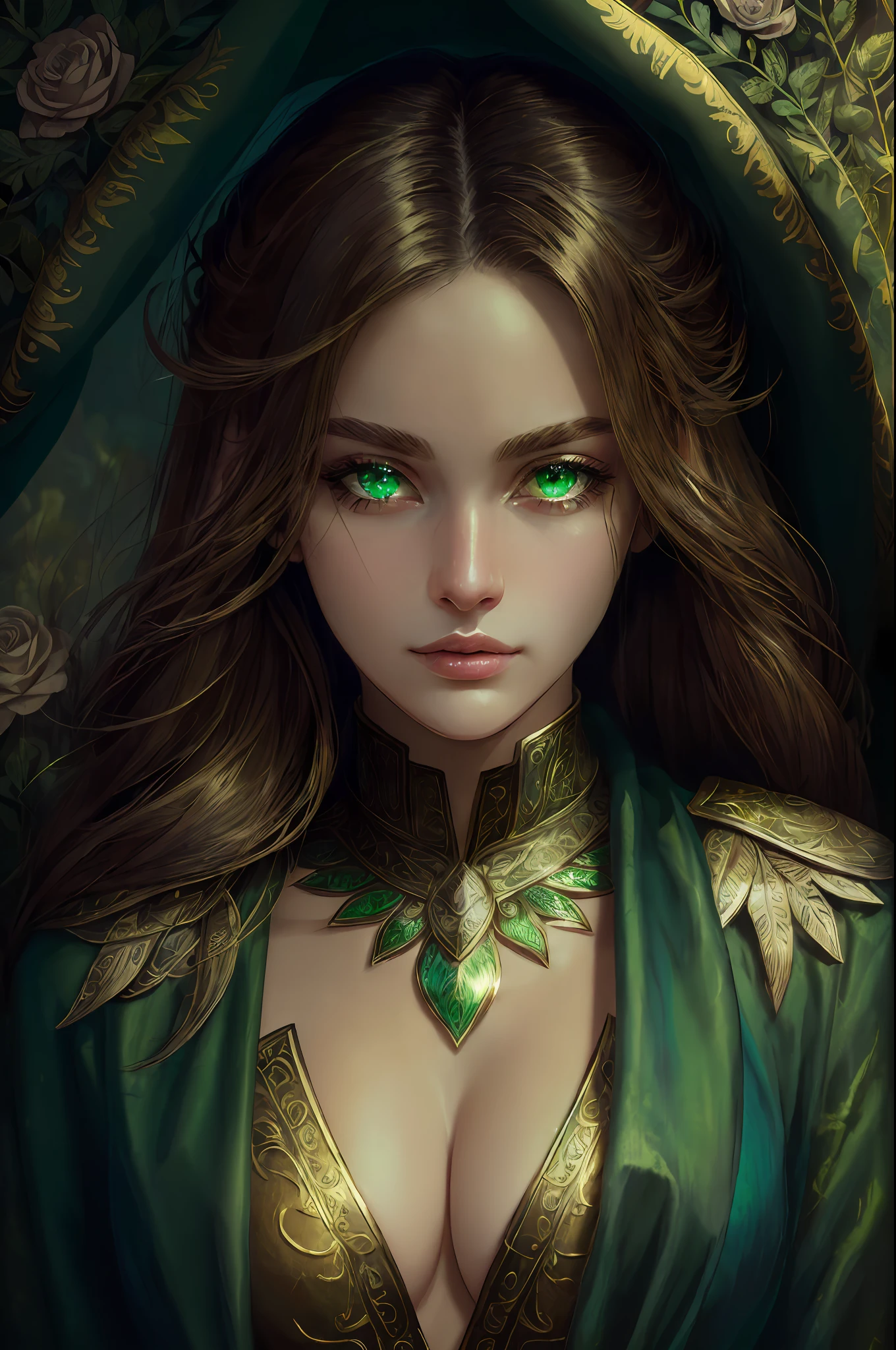 (((masterpiece))), (((best quality))), ((ultra-detailed)), (illustration), 1girl, beautiful detailed eyes, green and metal intricate fantasy ranger attire, high quality cloth, expensive cloth, high resolution cloth texture, detailed folds and wrinkles, cleavage, dynamic pose, cowboy shot, glow. wall paper, green flowers, watch of flowers