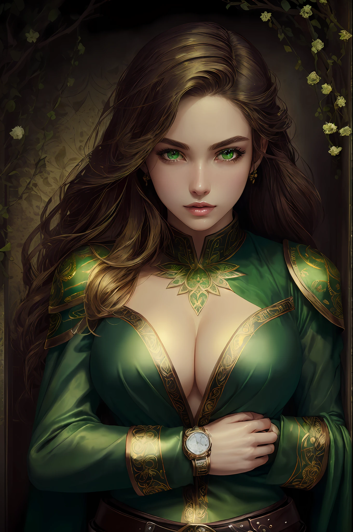 (((masterpiece))), (((best quality))), ((ultra-detailed)), (illustration), 1girl, beautiful detailed eyes, green and metal intricate fantasy ranger attire, high quality cloth, expensive cloth, high resolution cloth texture, detailed folds and wrinkles, cleavage, dynamic pose, cowboy shot, glow. wall paper, green flowers, watch of flowers
