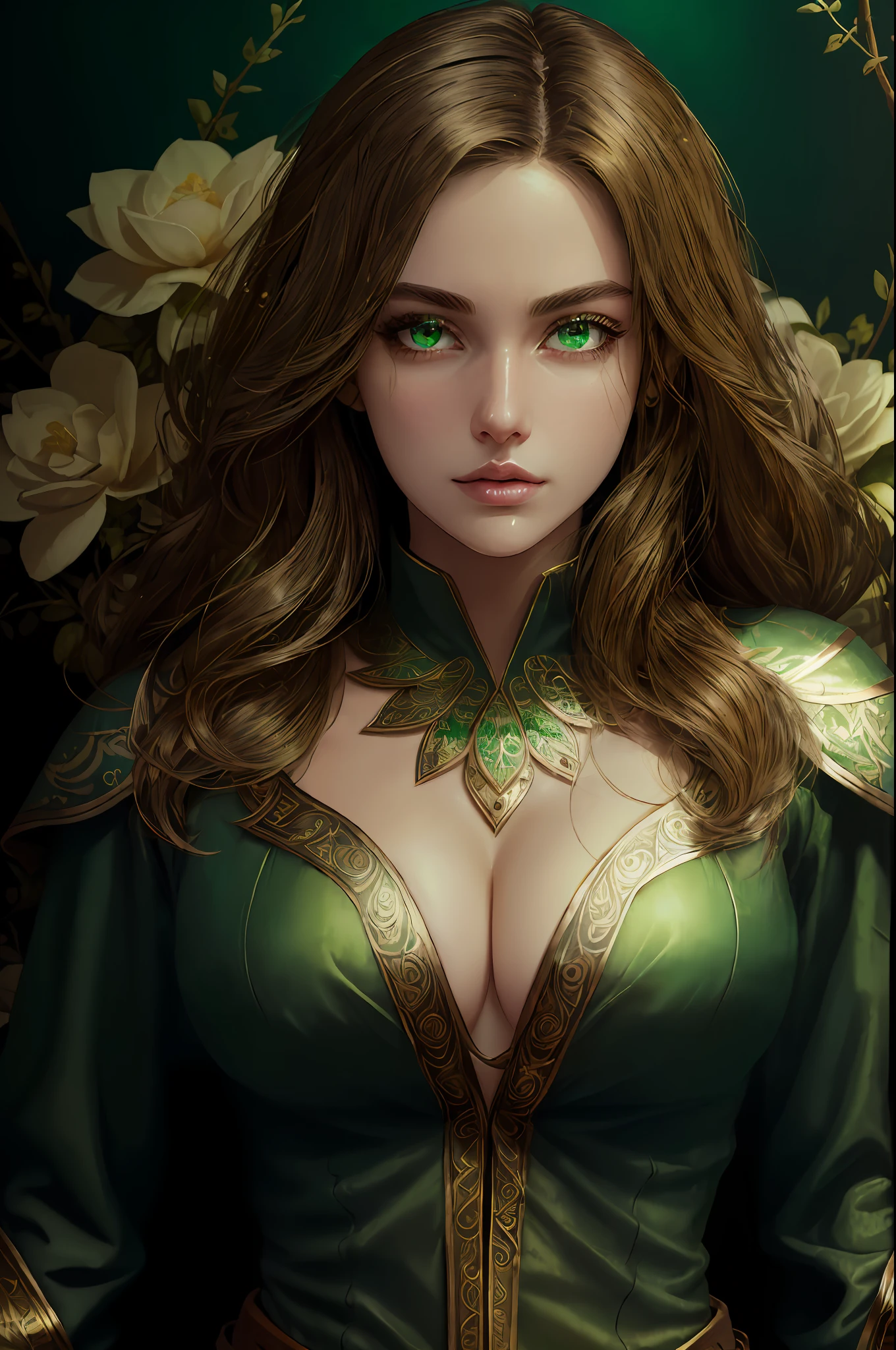 (((masterpiece))), (((best quality))), ((ultra-detailed)), (illustration), 1girl, beautiful detailed eyes, green and metal intricate fantasy ranger attire, high quality cloth, expensive cloth, high resolution cloth texture, detailed folds and wrinkles, cleavage, dynamic pose, cowboy shot, glow. wall paper, green flowers, watch of flowers