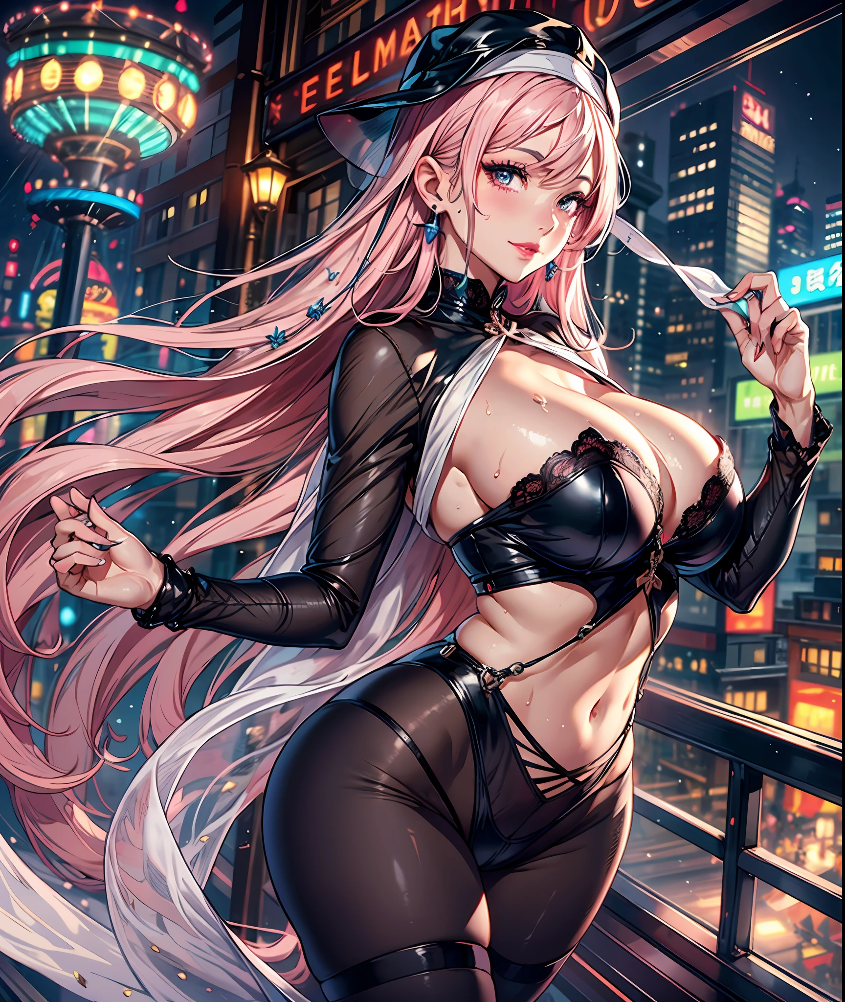 (8K,a masterpiece of:1.2),(Hyper-detailing,Sexy cleavage),(Smile with:1.1),((Long pink wavy hair):1.3,beautiful details eyes,large black eyes,Perfect proportions,eyes with brightness,Light makeup,necklac,ear ornament,Pink and moist lips),1 sexy mature woman with big breasts,An amusement park,Ferris wheel,You can see the whole city from the window,Magic Array,Brilliant streamers,Fashion girl,Long flowing pink hair,With stylish frameless eyes,Openwork nun robes,Sexy black stockings,Sweat soaked her hair and clothes,((perfect eyes),Her figure is very sexy,gigantic-breast,Heavy breasts,Fitness buttocks,Fabric covers the breasts,White silk tulle,Stretch meat,Fair and moisturized skin,Be dignified and religious),(The atmosphere is ambiguous,misty background,Fairy tale world:1.2)