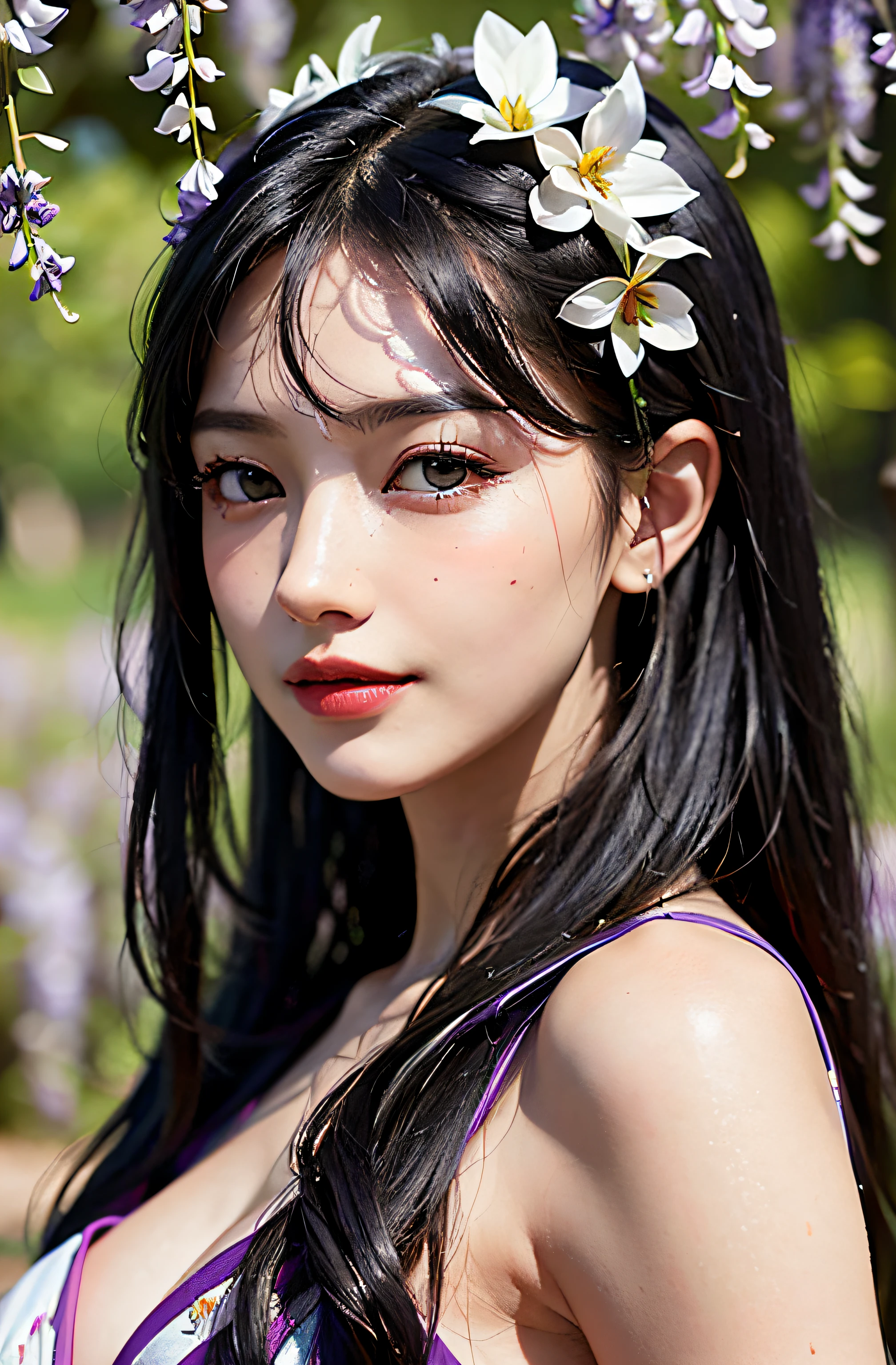 best quailty、a masterpiece of、photoRealstic、intricate-detail、Raw foto、Photon Rendering、Octane Rendering、absurderes、ultra detali、detailed face with、Detailed skin、trend on artstation、8K Masterpiece、lighting like a movie、( (1girl in))、((独奏) ))、((Behold))、CG Social Trends、Plastic En、((Black Long Hair))、((a beautiful lady))、(a smile)、summer clothing、(White Skin Skin)、Fashionable、(A sexy)、hair flowing in wind、((Flowing hair))、Happy、fashion magazine、((lighting like a movie))、((Wisteria flowers))、Ecstatic、